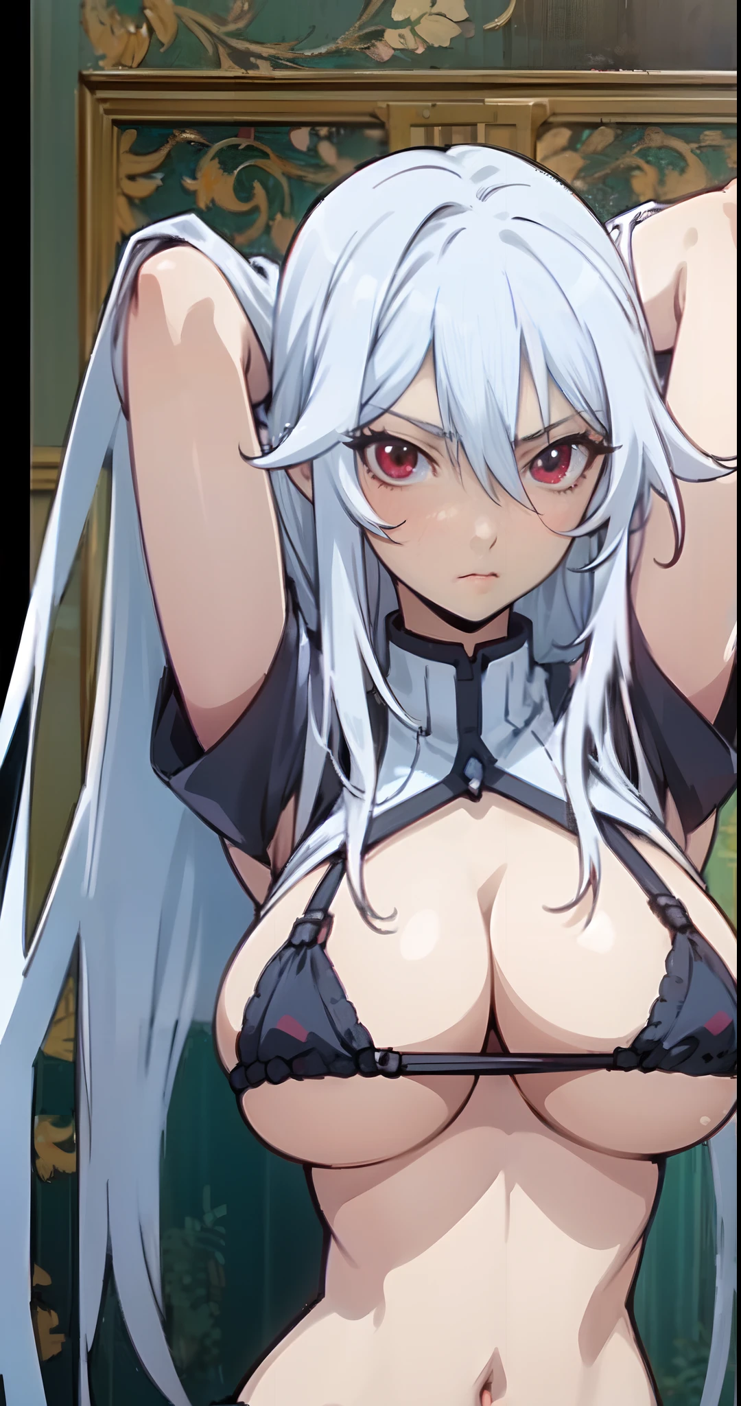 "((All briefs body visible)), (arms above head),(" wife room background ") ,(red eyes), (long white hair), (huge tits),(masterpiece anime face ),(1girl),(realistic), (masterpiece eyes detailed) "