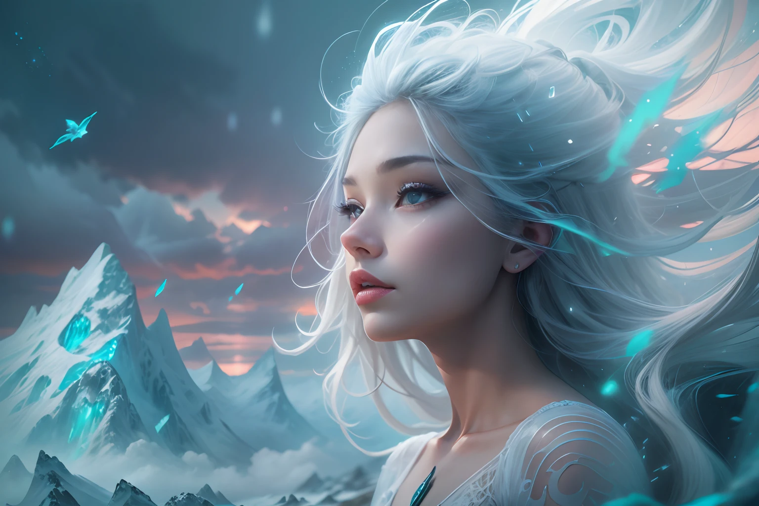 ModelShoot style, (Extremely detailed Cg Unity 8K wallpaper),cyber punk perssonage [Snowy mountain landscape with fog，snow mountains] ，Immerse yourself in the beautiful aurora，Live in the clouds of the starry sky，Behind the clouds，（multiple exposure：1.8），(Transparent ethereal girl face blends with aurora，Overlay with snowy mountains)，Multiple elements blend the image，photography of：Brandon Woelfelmist，Surreal dreams，Gray atmosphere，raining day，dyna，lut，hdr，Surrealist art fantasy style，Epic digital fantasy art style，Beautiful dream art, Science-fi digital art illustration,Fantastic digital painting, futuristic digital painting, Fantastic concept art, In front of the sci-fi snowy mountain landscape, science fiction digital art, Fantastic transparent ethereal girl stylized abstract portrait close-up