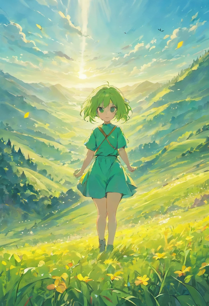 distant landscape, green mountains, clear blue sky, flocks of birds flying in the sky, butterflies around, small rivers around, grass, flowers on the ground, cartoon style,