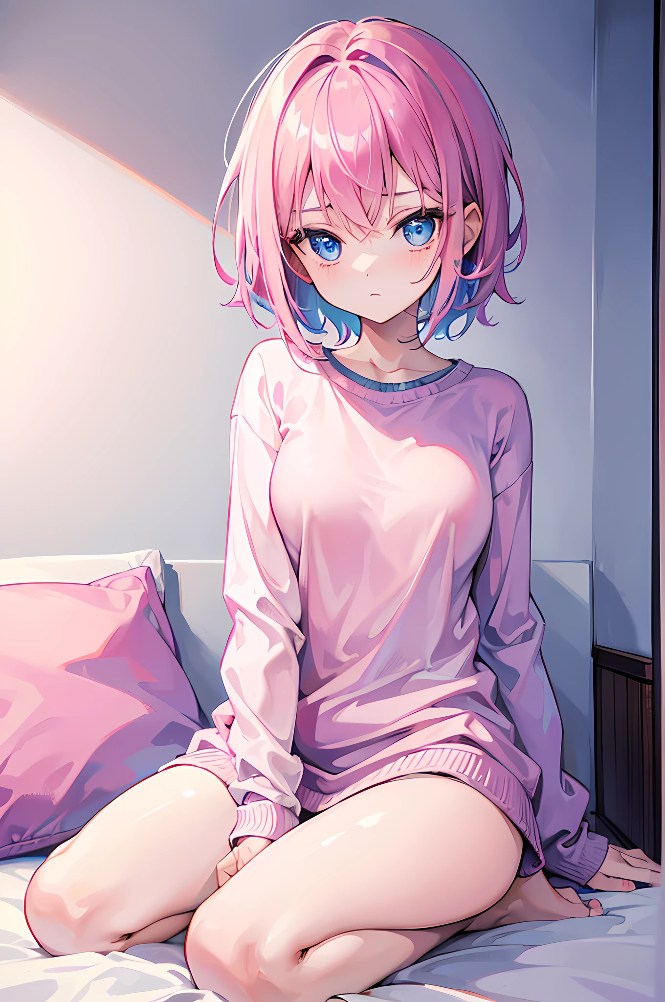 1girl, blue eyes, short pink hair, shy, bed, absurdres, high res, ultrasharp, 8k, masterpiece, looking at viewer, sitting on bed, beautiful