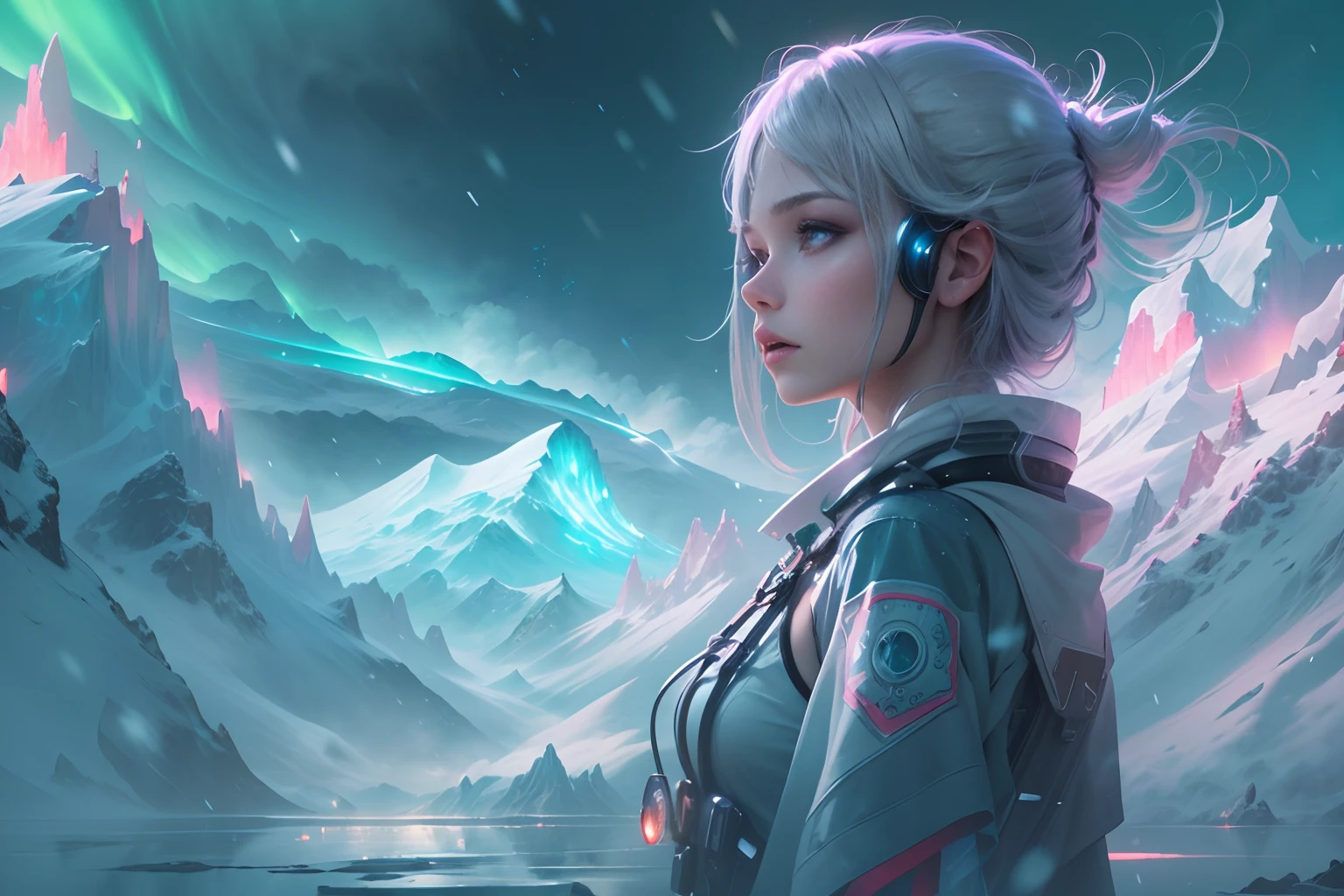ModelShoot style, (Extremely detailed Cg Unity 8K wallpaper),cyber punk perssonage [Snowy mountain landscape with fog，snow mountains] ，Immerse yourself in the beautiful aurora，Live in the clouds of the starry sky，Behind the clouds，（multiple exposure：1.8），(Transparent ethereal girl face blends with aurora，Overlay with snowy mountains)，Multiple elements blend the image，photography of：Brandon Woelfelmist，Surreal dreams，Gray atmosphere，raining day，dyna，lut，hdr，Surrealist art fantasy style，Epic digital fantasy art style，Beautiful dream art, Science-fi digital art illustration,Fantastic digital painting, futuristic digital painting, Fantastic concept art, In front of the sci-fi snowy mountain landscape, science fiction digital art, Fantastic transparent ethereal girl stylized abstract portrait close-up