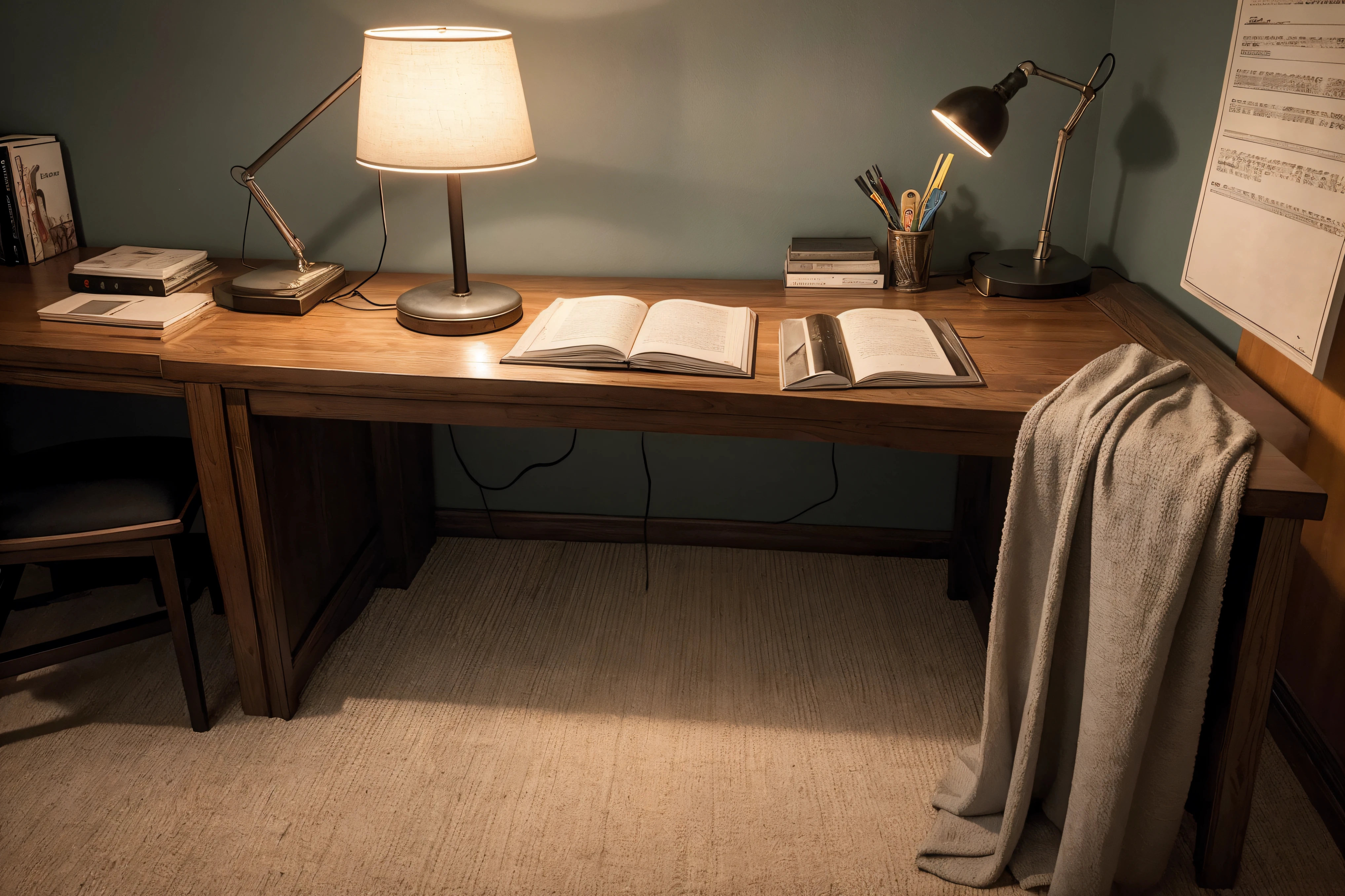 Worm's Eye View, Home Office, Desk Lamp, Parallel Layout, Traditional Chinese, Vibrant, Mood Lighting, Concrete with a stained texture, Blankets/Throws, Comfortable