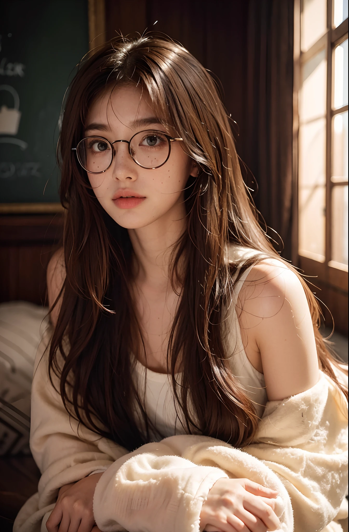 ((best quality)), 1girl, big round glasses, freckles, long soft fluffy hair