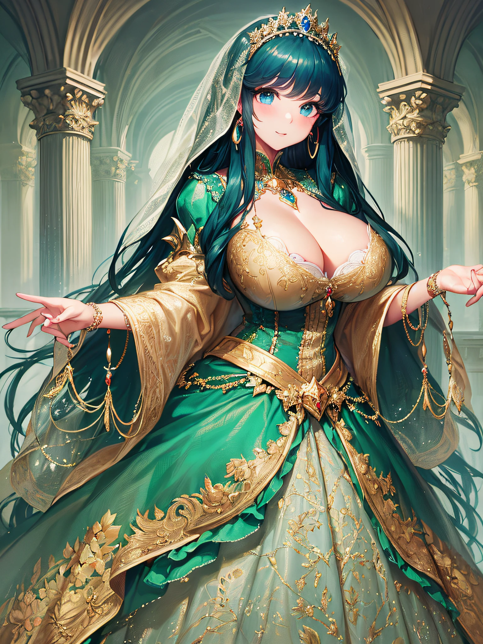 (masterpiece, best quality,extremely detailed:1.1),(moe anime art style:1.3),1girl,((full body,focus face)),((solo)), cute, kawaii,digital art,((1 princess wearing beautiful embroidery and jeweled gorgeous princess rococo ballgown with voluminous full length hoop skirt)),((crinoline)),long train,voluminous frills,See-through,(gorgeous embroidery and beautiful lace),(((gigantic tits))),skindentation,cleavage,shiny hair,(((very long hair,very long straight hair))),((finely detailed face and eyes)),clear pupil,extremely gorgeousfull hair ornament,(bling-bling jeweled extremely gorgeousfull tiara),(bling-bling gorgeous gemstone jewelry),long veil,(beautiful background),full body,((beautiful embroidery and jeweled gorgeous princess rococo ballgown with voluminous full length hoop skirt))