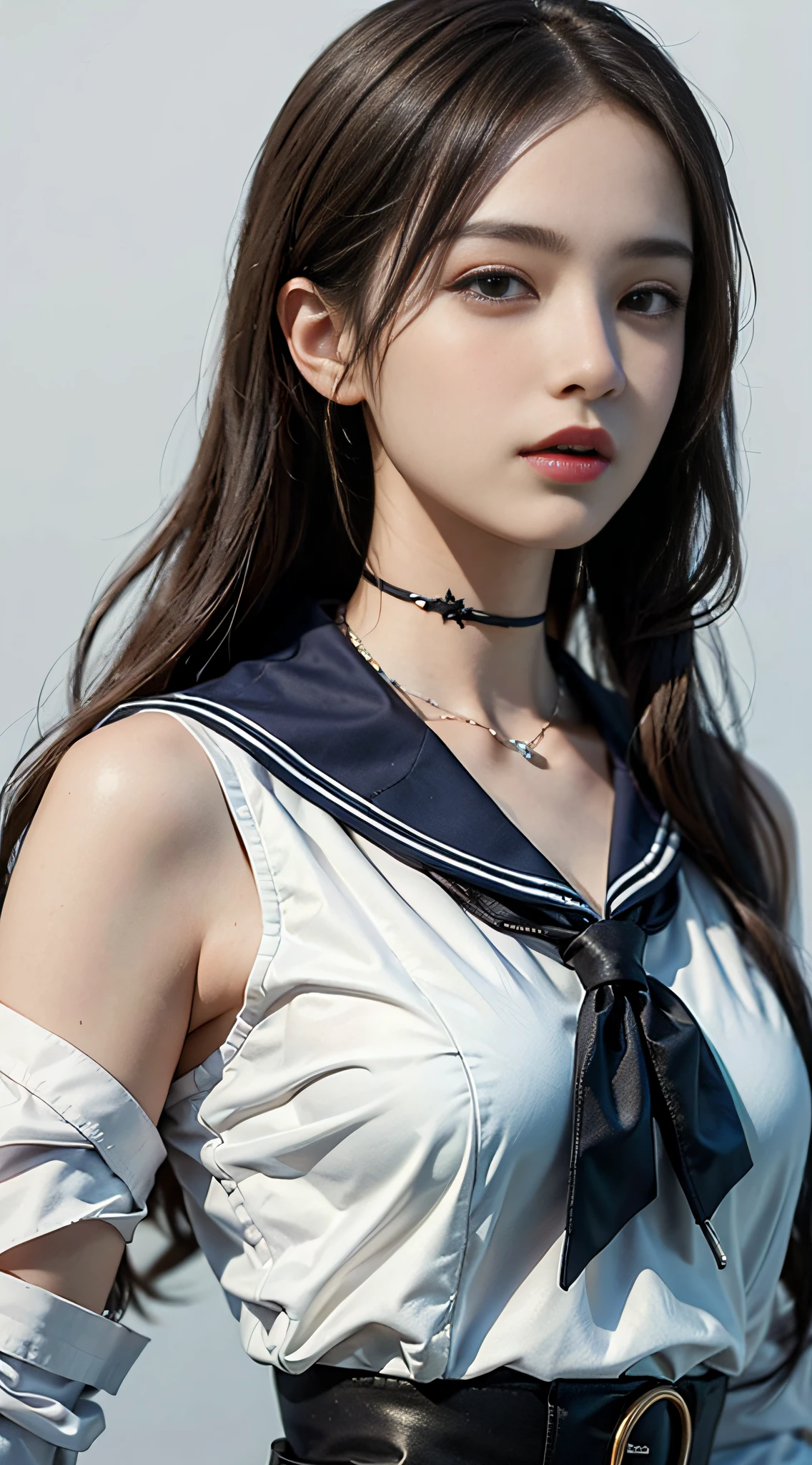 ((​masterpiece:1.4)、(top-quality:1.4)、(reallistic:1.7))、masuter piece:1.4、Sexy female combat suit that sticks to the body、It is a sleeveless sailor suit design with cool blue design on white background.、Sexy super mini skirt in bright fat color integrated with jacket、Wear red gloves、Kawaii Girl、Super beauty、foco nítido、Portrait photos、Upper body photography、beautiful countenance、beautidful eyes、Narrow waist、poneyTail、Raw photo、red-lips、a choker:1.4、a necklace:1.4、耳Nipple Ring:1.4、1 screen display、Outdoor landscape