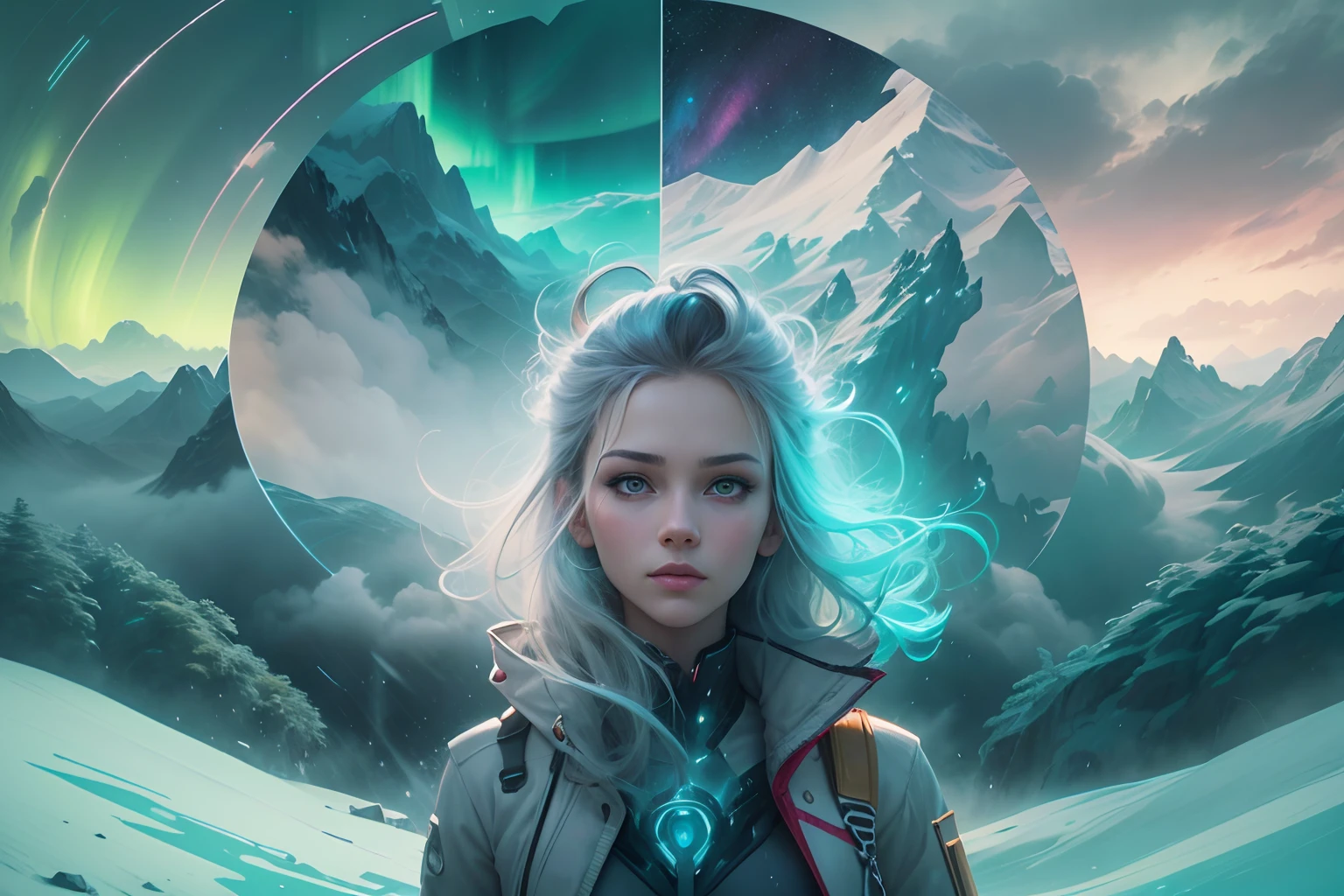 ModelShoot style, (Extremely detailed Cg Unity 8K wallpaper),cyber punk perssonage [Snowy mountain landscape with fog，snow mountains] ，Immerse yourself in the beautiful aurora，Live in the clouds of the starry sky，Behind the clouds，（multiple exposure：1.8），(Transparent ethereal girl face blends with aurora，Overlay with snowy mountains)，Multiple elements blend the image，photography of：Brandon Woelfelmist，Surreal dreams，Gray atmosphere，raining day，dyna，lut，hdr，Surrealist art fantasy style，Epic digital fantasy art style，Beautiful dream art, Science-fi digital art illustration,Fantastic digital painting, futuristic digital painting, Fantastic concept art, In front of the sci-fi snowy mountain landscape, science fiction digital art, Fantastic transparent ethereal girl stylized abstract portrait close-up