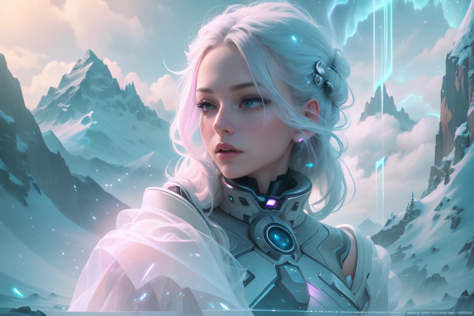 ModelShoot style, (Extremely detailed Cg Unity 8K wallpaper),cyber punk perssonage [Snowy mountain landscape with fog，snow mountains] ，Immerse yourself in the beautiful aurora，Live in the clouds of the starry sky，Behind the clouds，（multiple exposure：1.8），(Transparent ethereal girl face blends with aurora，Overlay with snowy mountains)，Multiple elements blend the image，photography of：Brandon Woelfelmist，Surreal dreams，Gray atmosphere，raining day，dyna，lut，hdr，Surrealist art fantasy style，Epic digital fantasy art style，Beautiful dream art, Science-fi digital art illustration,Fantastic digital painting, futuristic digital painting, Fantastic concept art, In front of the sci-fi snowy mountain landscape, science fiction digital art, Fantastic transparent ethereal girl stylized abstract portrait close-up