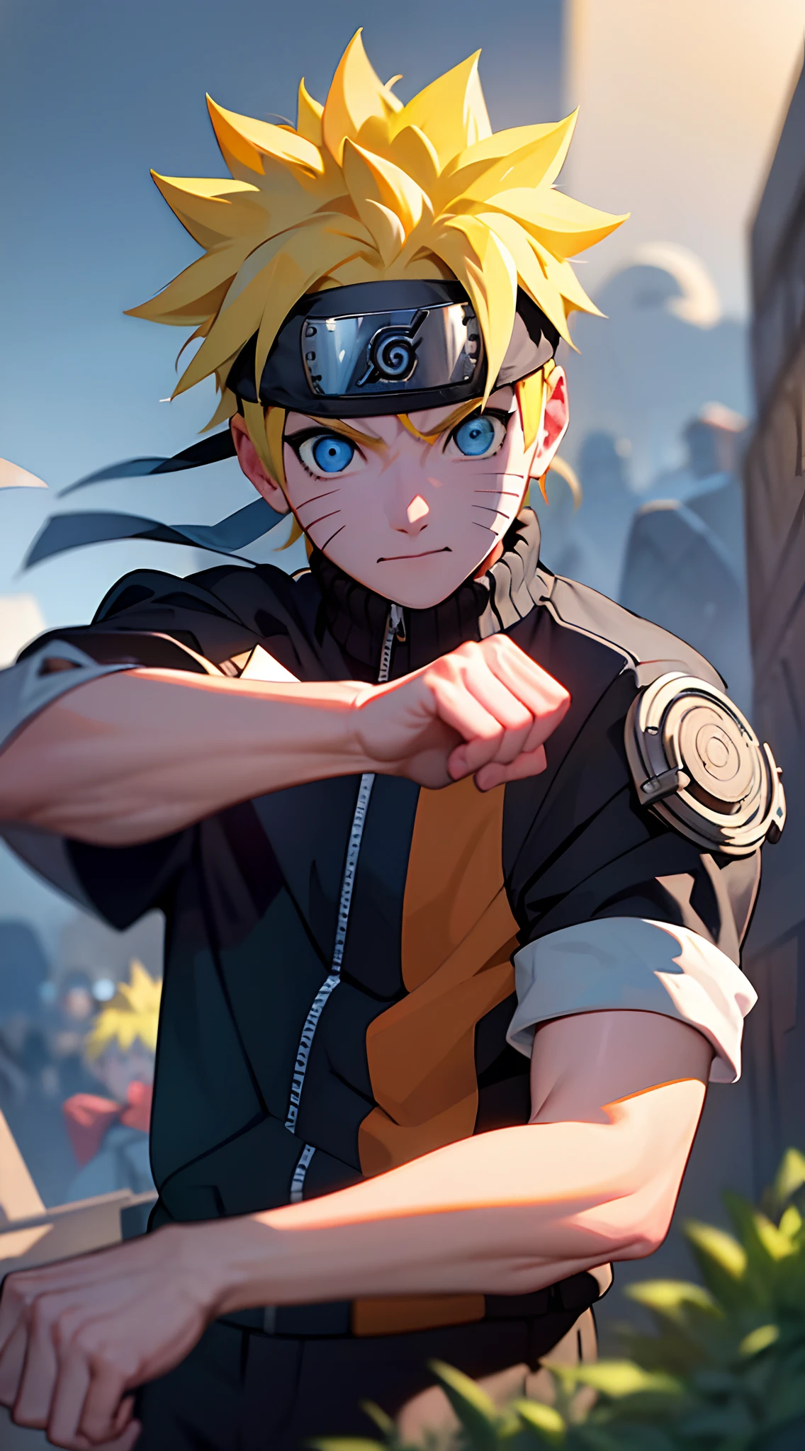 (Obra maestra, La mejor calidad), Naruto Uzumaki, 1boy with great ambition and a dream of becoming the Hokage of his village. He is looking to the sky with determination and hope., while behind him is the symbol of his clan and the face of his master Jiraiya, that taught him to believe in himself."