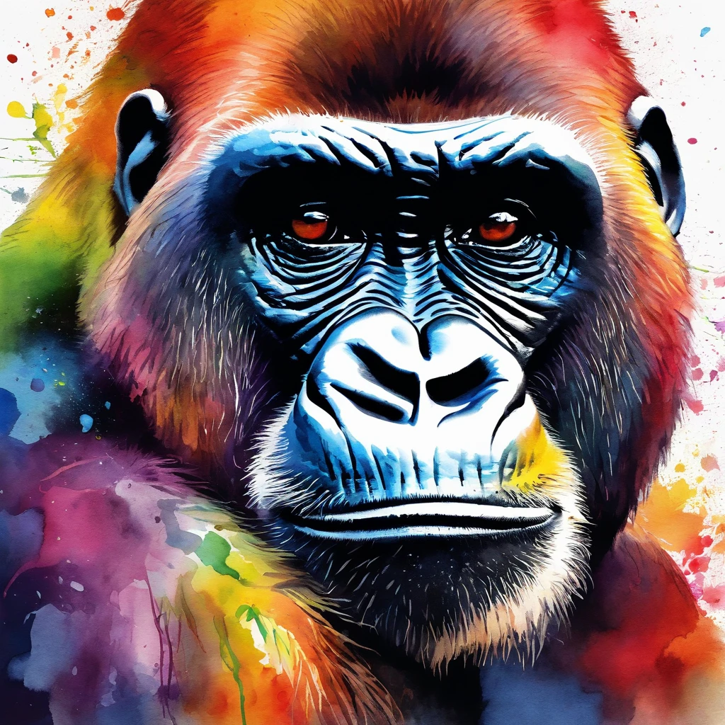 Picture of a gorilla face, rainbow colours, vibrant, spectacular