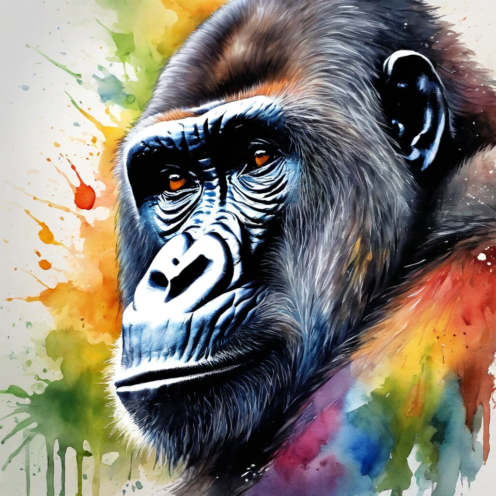 Picture of a gorilla face, rainbow colours, vibrant, spectacular