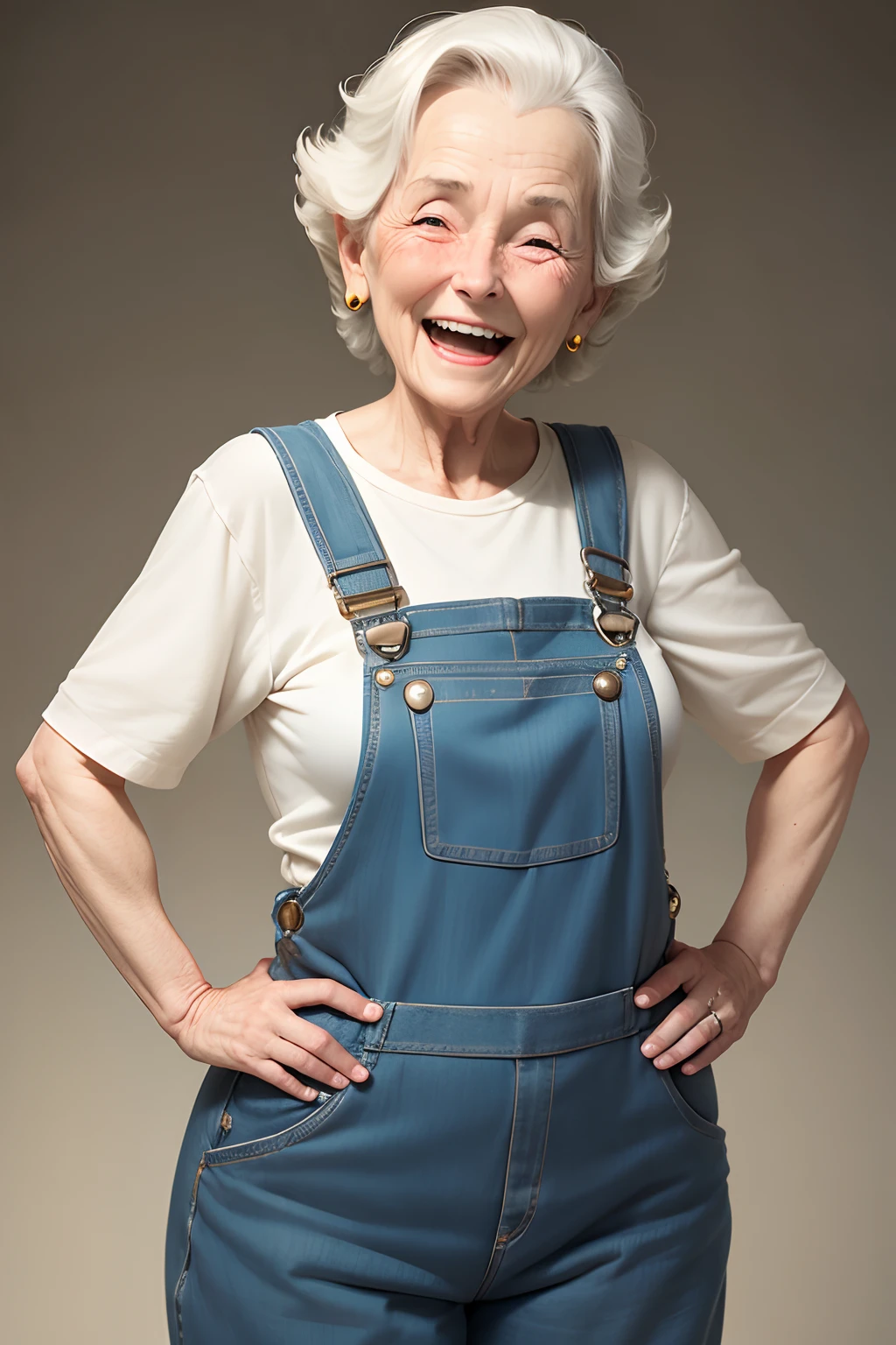 old lady laughing, wearing overalls, hands on her hips, standing, no background