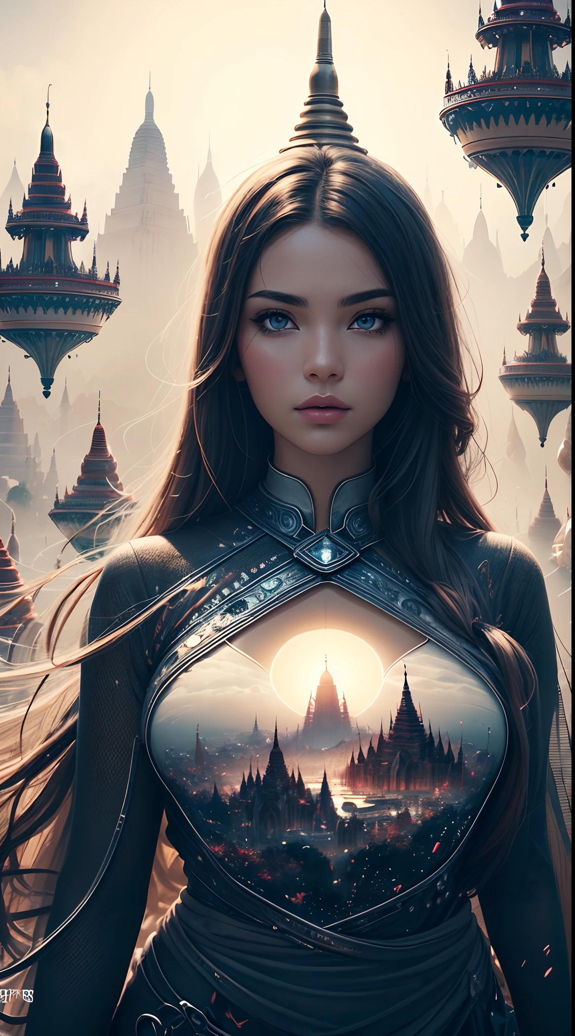 Create a cinematic official grade illustration digital art of"Burma futuristic Bagan city" in a lavishly Myanmar futurism landscape artwork style, advanced technologies like anti-aliasing (FKAA, TXAA), real-time ray tracing (RTX), and screen-space ambient occlusion (SSAO), our visuals are incredibly realistic and visually striking. To add depth and intricacy, we incorporate artistic elements such as cell shading, tone mapping, CGI, VFX, and SFX. Collaborating with renowned artists Carne Griffiths and Wadim Kashin, we infuse their unique artistic styles into our work, resulting in a harmonious blend of their vision and the inherent beauty of our subjects. By presenting the women on a clean white background, we accentuate their elegance and grace.