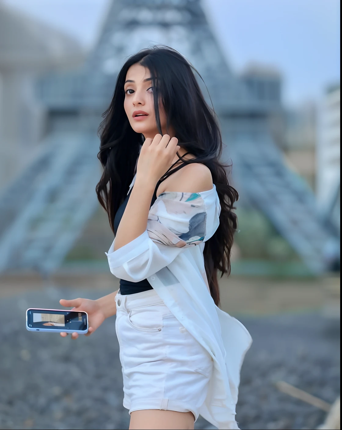 araffe woman in white dress holding a cell phone in front of the eiffel tower, actress, kyza saleem, stylish, cute beautiful, stylish pose, maya ali, beautiful model, instagram model, beautiful cute, 🤬 🤮 💕 🎀, handsome girl, cute woman, khyzyl saleem, maya ali as d&d mage