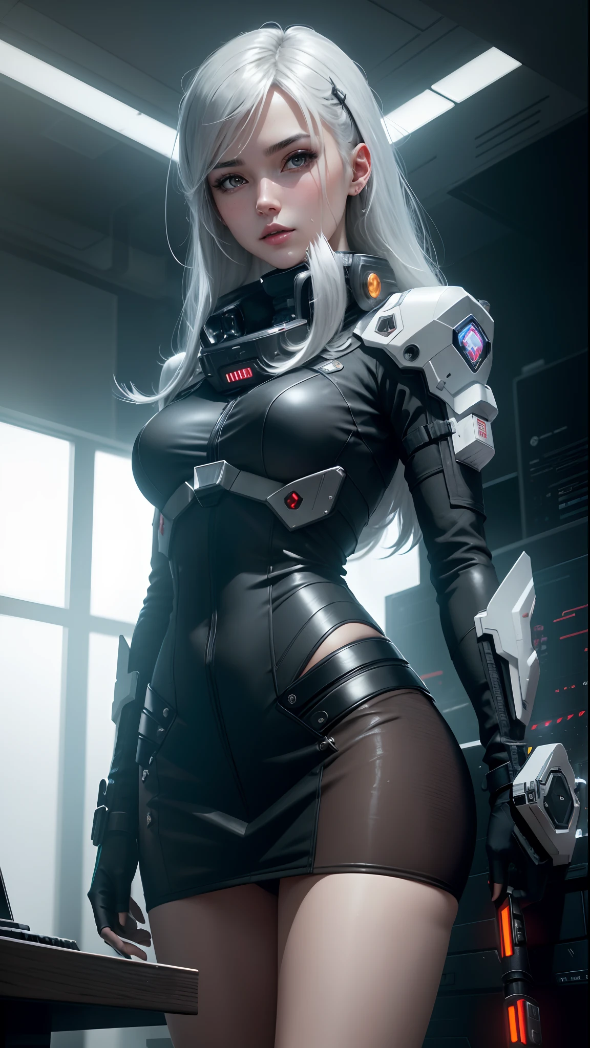 Photorealistic, Night lighting、NSFW,High resolution, Soft light,1womanl, Solo, hips up high, (Detailed face), Silver hair, Black leather costume, Cyberpunk semi-glossy mechanical suit, The tattoo, jewely、body piercings、Full Body Angle、Mystery Weapon、8 Head Body、Coverage Area 50%less than、a navel、NSFW、Reveal madness