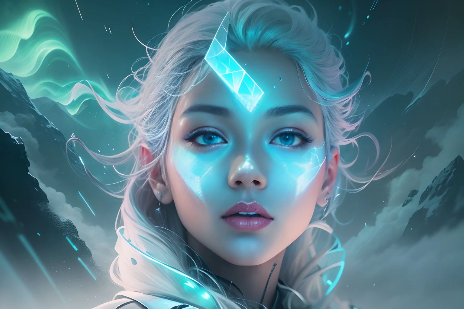 ModelShoot style, (Extremely detailed Cg Unity 8K wallpaper),cyber punk perssonage [Snowy mountain landscape with fog，snow mountains] ，Immerse yourself in the beautiful aurora，Live in the clouds of the starry sky，Behind the clouds，（multiple exposure：1.8），(Transparent ethereal girl face blends with aurora，Overlay with snowy mountains)，Multiple elements blend the image，photography of：Brandon Woelfelmist，Surreal dreams，Gray atmosphere，raining day，dyna，lut，hdr，Surrealist art fantasy style，Epic digital fantasy art style，Beautiful dream art, Science-fi digital art illustration,Fantastic digital painting, futuristic digital painting, Fantastic concept art, In front of the sci-fi snowy mountain landscape, science fiction digital art, Fantastic transparent ethereal girl stylized abstract portrait close-up