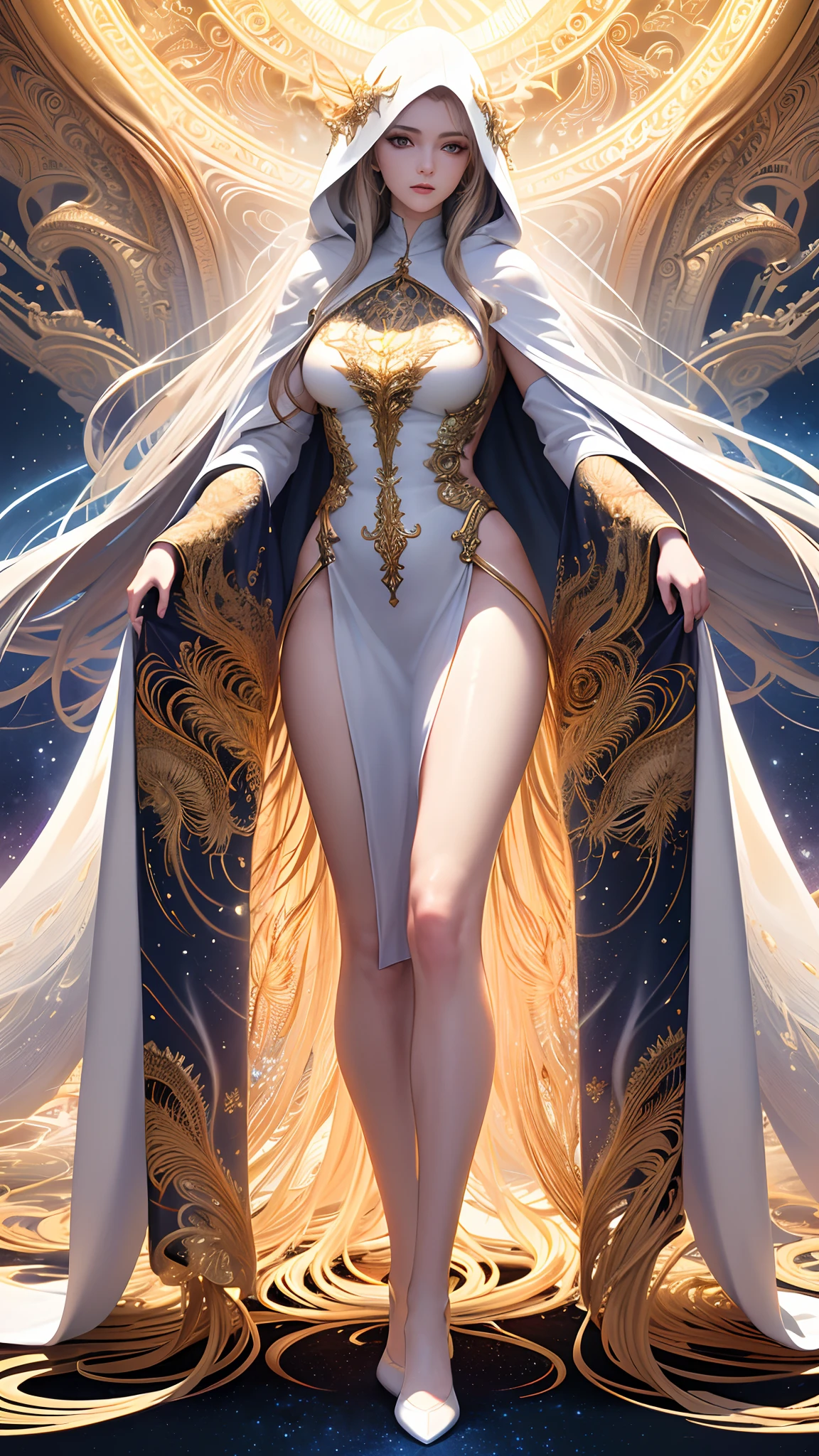 (masterpiece, top quality, best quality, official art, beautiful and aesthetic:1.2), (1 beautiful woman), long hair, extreme detailed, (fractal art:1.3), highest detailed, perfect face, perfect eyes, full body, perfect body, HDR, (white cloak golden lines:1.2), (light streaks), striking visuals, (dynamic streaks, luminous trails:1.2), vibrant colors, Sun, clouds