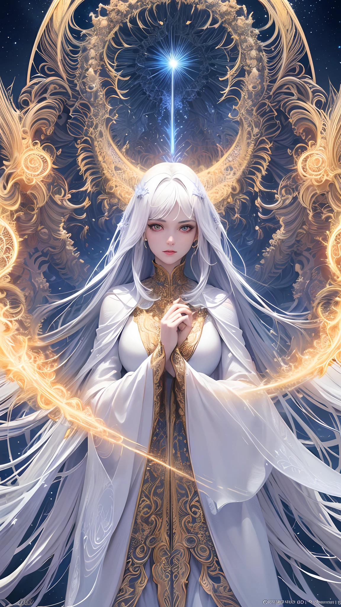 (masterpiece, top quality, best quality, official art, beautiful and aesthetic:1.2), (1 beautiful woman), long hair, extreme detailed, (fractal art:1.3), highest detailed, perfect face, perfect eyes, full body, perfect body, HDR, (white cloak golden lines:1.2), (light streaks), striking visuals, (dynamic streaks, luminous trails:1.2), vibrant colors, Sun, clouds