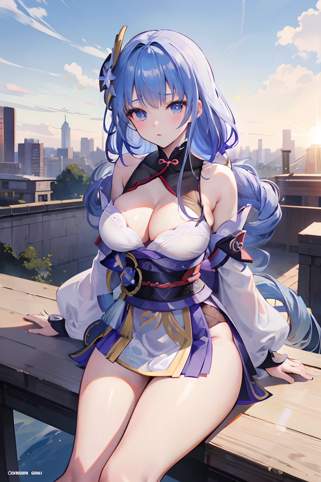 anime girl ( using LoRa 1 raiden Shogun genshin impact)sitting on a ledge with a city in the background, an anime drawing by Shitao, trending on pixiv, realism, best anime 4k konachan wallpaper, anime style 4 k, 4k anime wallpaper, watching the sun set. anime, anime wallpaper 4k, anime wallpaper 4 k, hot figure, looking at me, thick thighs, big boobs