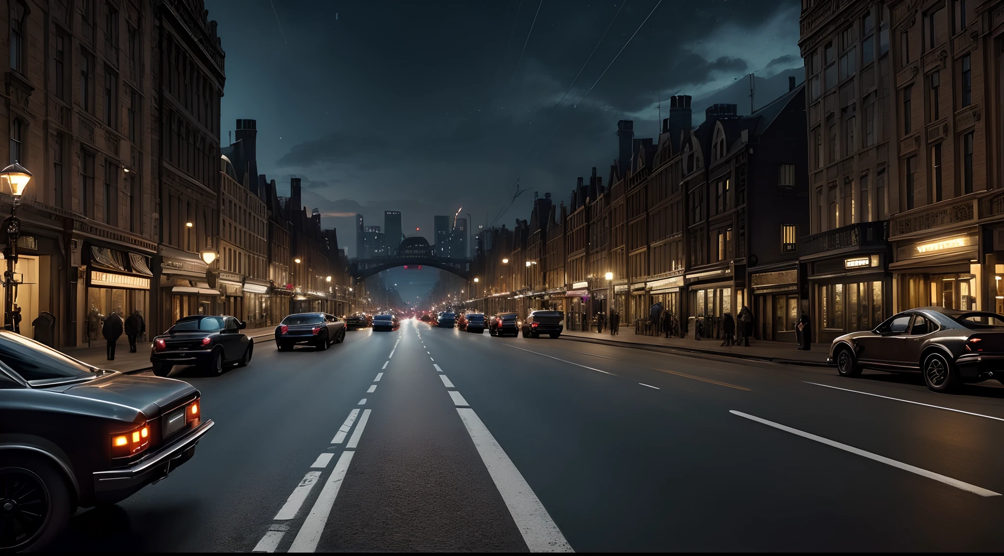 Ultra Realistic Production, (Movie Still Shot of Victorian Era-Style City in Modern Times:1.4), (Action Movie Still:1.6), (Night Time:1.6), (City Street Shot:1.4), (Busy Road:1.6), (Few Vehicles on the Street), (Luminescent Effects:1.2), (Dynamic Angle Shot:1.2), Insane Details, Intricate Detail, Cinematic Shot and Lighting, Realistic Colors, Masterpiece, Sharp Focus, Ultra Detailed, Taken with DSLR Camera, Realistic Photography, Depth of Field, Incredibly Realistic Environment and Scene, Master Composition and Cinematography