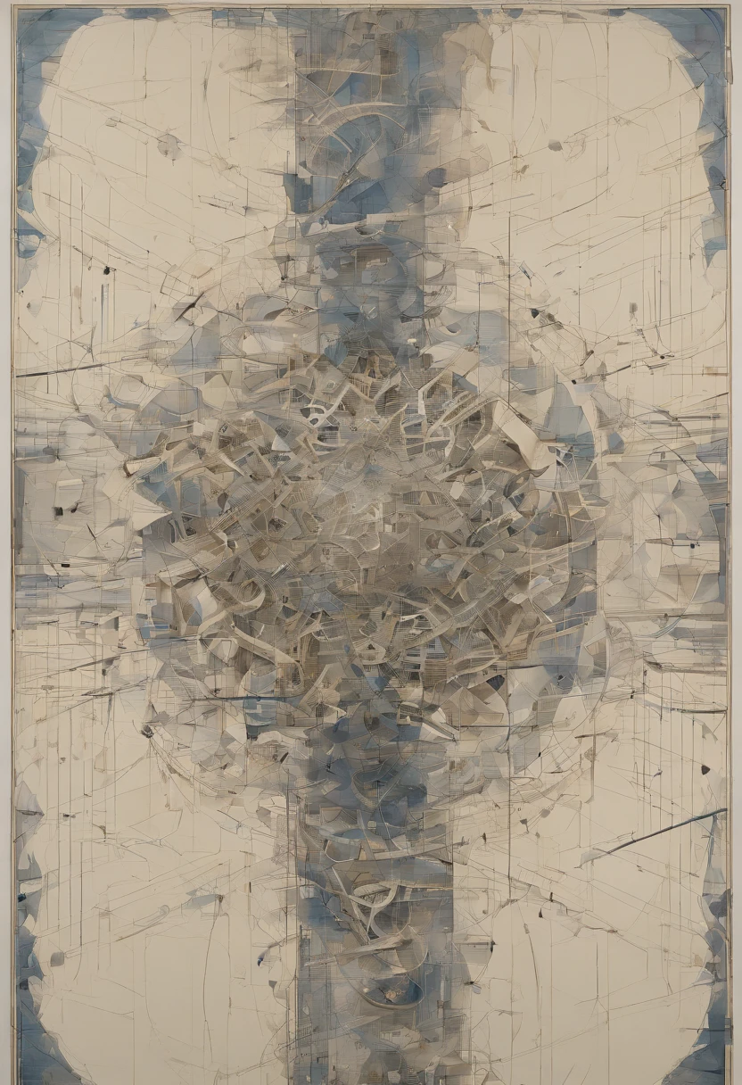 The image is a canvas in shades of gray and blue, with elements that merge and contrast at the same time. In the center of the canvas, there is a shape that resembles a human brain but is stylized to appear mechanical and digital. The front part of the "brain" is composed of straight lines and sharp angles, like electronic circuits, while the rear part is more organic, with smooth curves and rounded forms.
On the left side of the canvas, there is a series of lines of code, represented as sequences of numbers and letters, flowing toward the mechanical "brain." These lines of code are organized in complex patterns but are interrupted by broken fragments that resemble cracks on a surface.
On the right side of the canvas, there is a series of "thoughts" or cloud-like forms in shades of yellow and gold, representing the pursuit of happiness and inner peace. These cloud forms are dispersing, as if they were being dissipated by the mechanical "brain."
In the center of the canvas, there is a diagonal line that separates the mechanical "brain" from the right and left sides of the image, symbolizing the division between the desire to be impersonal and the internal conflict.
The overall composition of the artwork evokes the idea of an internal conflict between the pursuit of objectivity and the pursuit of personal happiness, with digital and organic elements interacting and contrasting. It is an abstract representation of the complexity of human psychology and the internal struggles we often face in seeking emotional balance.