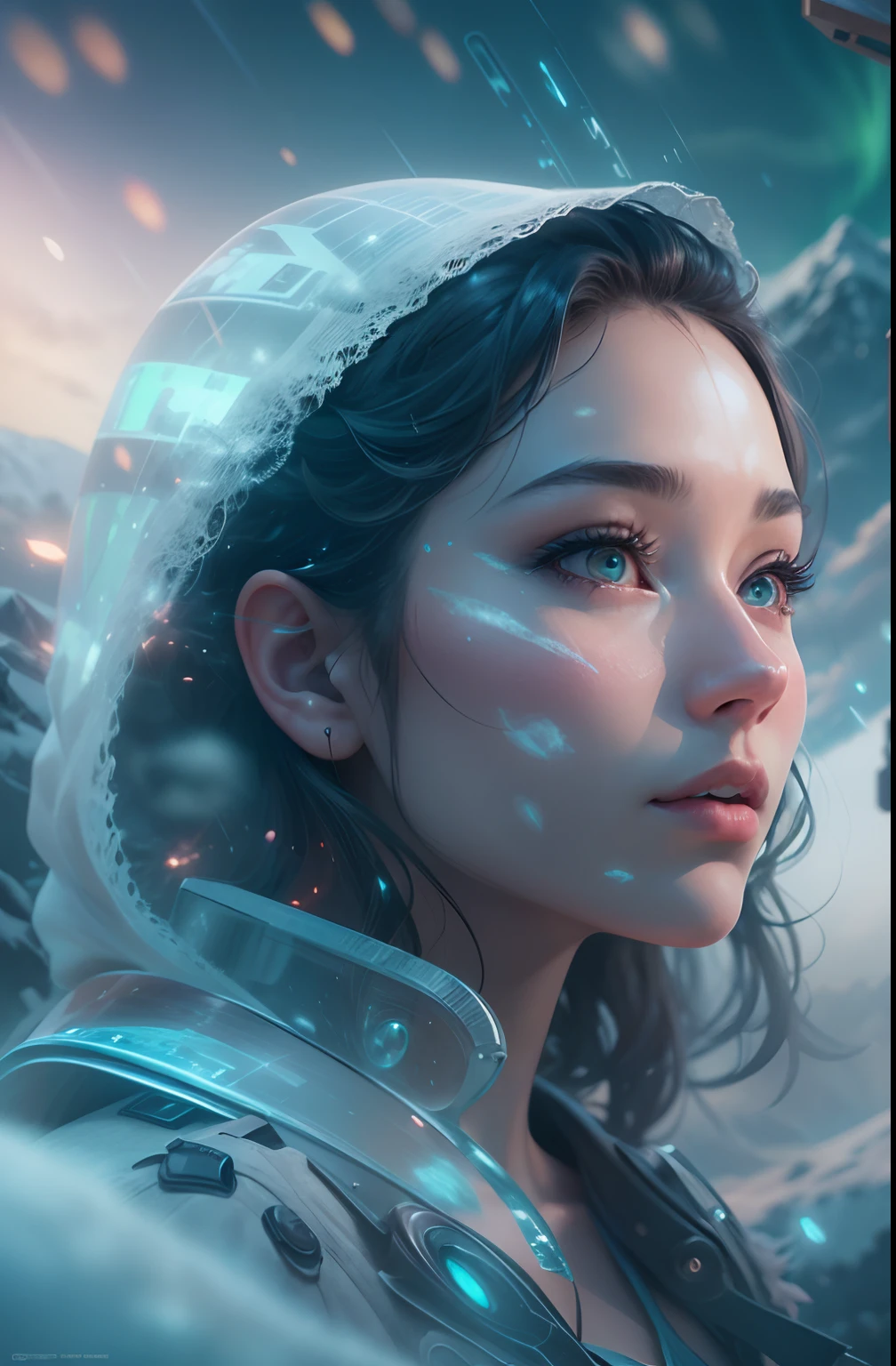 ModelShoot style, (Extremely detailed Cg Unity 8K wallpaper),cyber punk perssonage [Snowy mountain landscape with fog，snow mountains] ，Immerse yourself in the beautiful aurora，Live in the clouds of the starry sky，Behind the clouds，（multiple exposure：1.8），(Transparent ethereal girl face blends with aurora，Overlay with snowy mountains)，Multiple elements blend the image，photography of：Brandon Woelfelmist，Surreal dreams，Gray atmosphere，raining day，dyna，lut，hdr，Surrealist art fantasy style，Epic digital fantasy art style，Beautiful dream art, Science-fi digital art illustration,Fantastic digital painting, futuristic digital painting, Fantastic concept art, In front of the sci-fi snowy mountain landscape, science fiction digital art, Fantastic transparent ethereal girl portrait