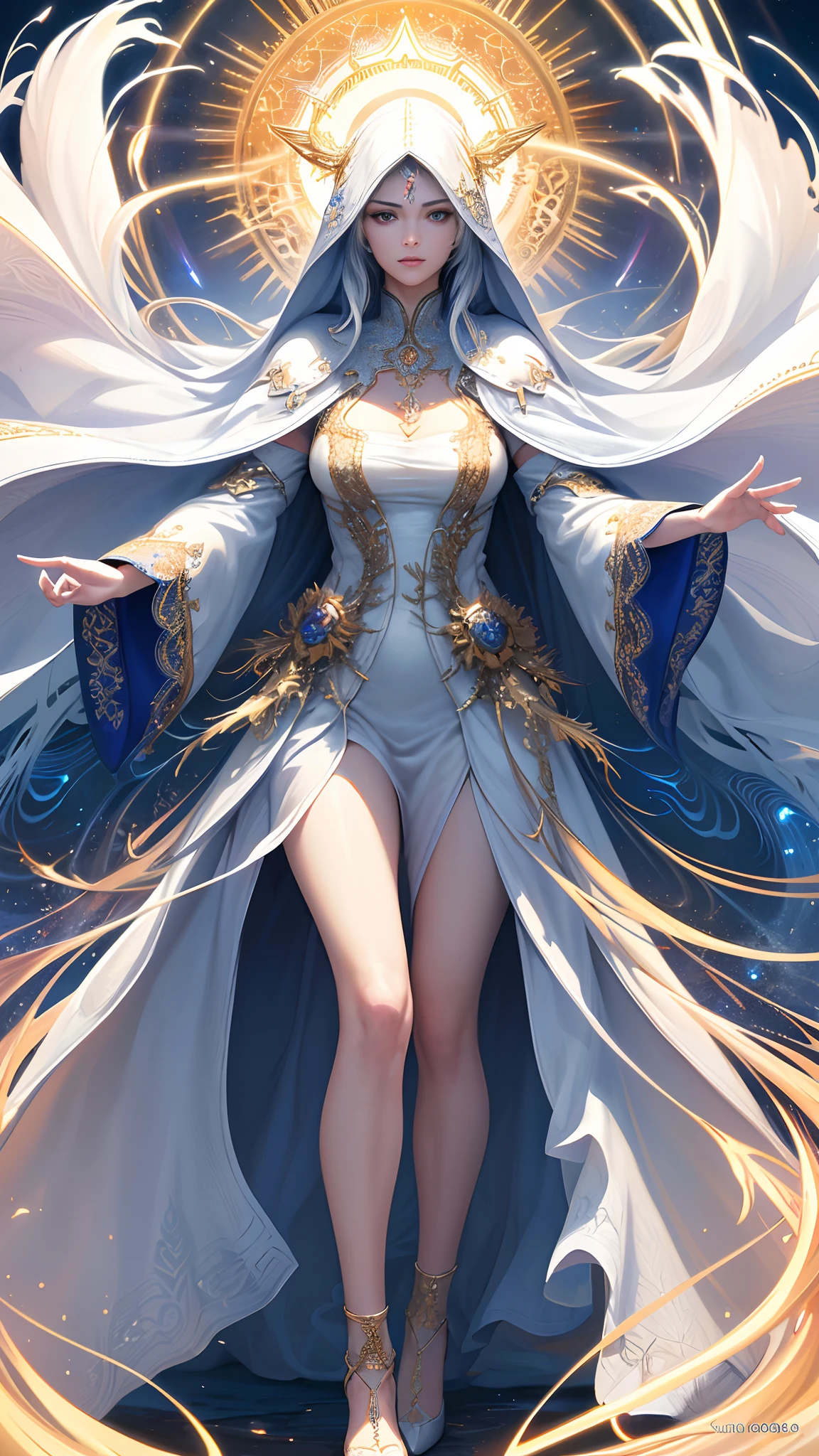 (masterpiece, top quality, best quality, official art, beautiful and aesthetic:1.2), (1 beautiful woman), long hair, extreme detailed, (fractal art:1.3), highest detailed, perfect face, perfect eyes, full body, perfect body, HDR, (white cloak golden lines:1.2), (light streaks), striking visuals, (dynamic streaks, luminous trails:1.2), vibrant colors, Sun, clouds