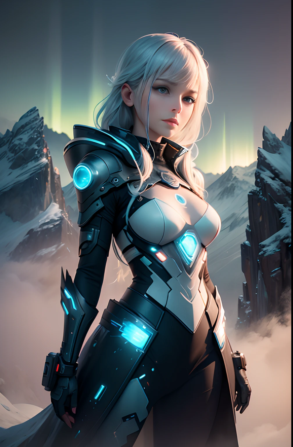 ModelShoot style, (Extremely detailed Cg Unity 8K wallpaper),cyber punk perssonage [Snowy mountain landscape with fog，snow mountains] ，Immerse yourself in the beautiful aurora，Live in the clouds of the starry sky，Behind the clouds，（multiple exposure：1.8），(Transparent ethereal girl face blends with aurora，Overlay with snowy mountains)，Multiple elements blend the image，photography of：Brandon Woelfelmist，Surreal dreams，Gray atmosphere，raining day，dyna，lut，hdr，Surrealist art fantasy style，Epic digital fantasy art style，Beautiful dream art, Science-fi digital art illustration,Fantastic digital painting, futuristic digital painting, Fantastic concept art, In front of the sci-fi snowy mountain landscape, science fiction digital art, Fantastic transparent ethereal girl portrait