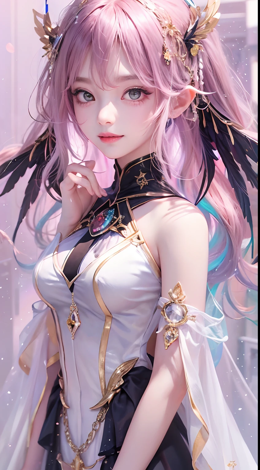 1girll,(enchanced quality:1.4),(Top quality true texture skin), Delicate face,Black hair, Gradient pink hair, Petite body,(perfect bodies:1.1), There are precious stones on the forehead, , Sparkling golden pupils,long eyelasher,grin, hyper photorealism, Cinematic lighting, projected inset, surrealism, hyper HD, Masterpiece, 16k,dream on,Starry sky dress,wings,angelicales,Fantasy space,Luxurious space
