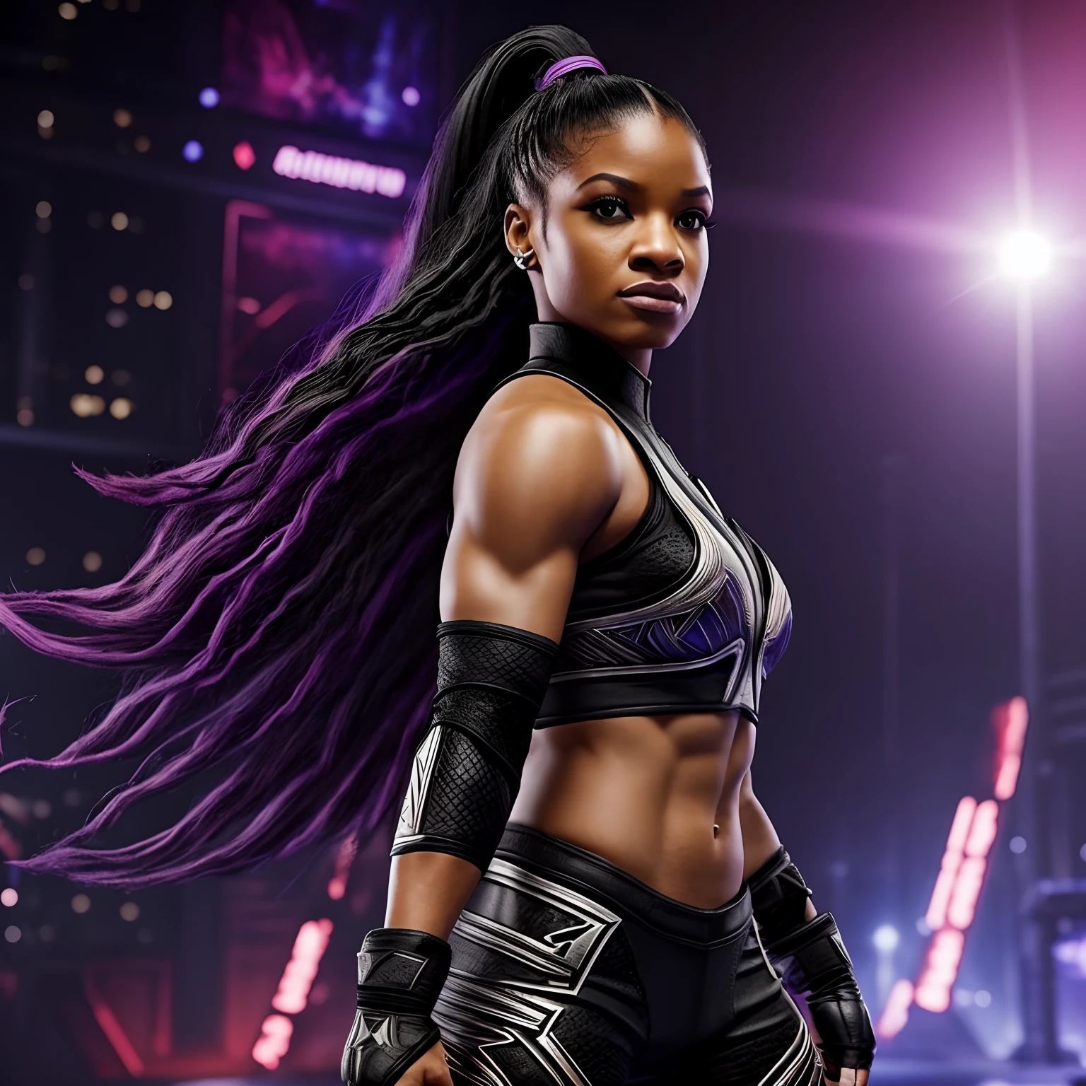 Female superstar Bianca Belair WWE is ready to fight the Mortal Kombat Outworld Hyperrealistic background scene.................