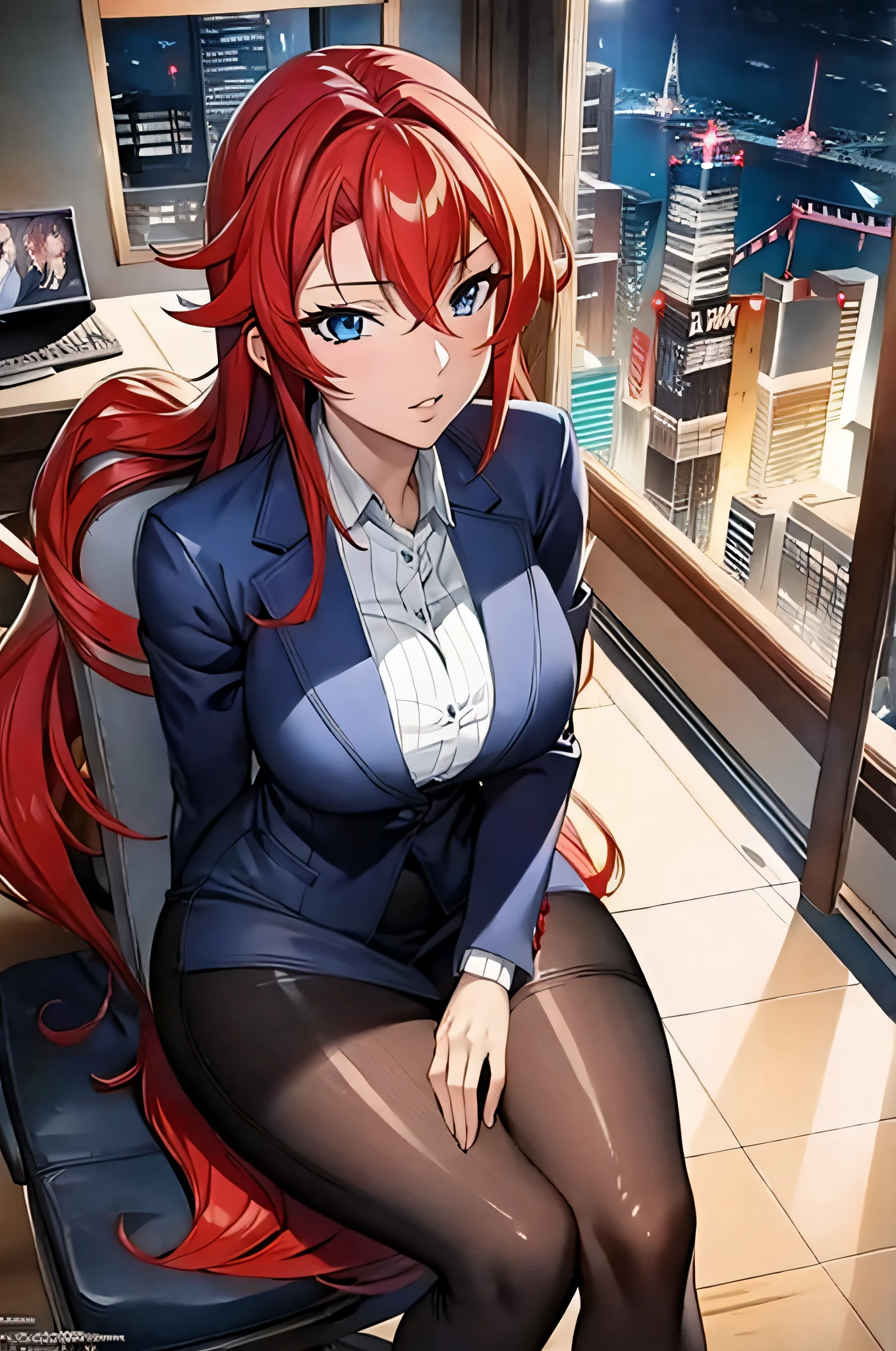 (masterpiece, best quality, detailed),1girl,rias gremory,red hair, ahoge, blue eyes, large breasts , sitting in an office chair, smooth anime cg art, (snfw),at pixiv, sitting at a desk,high resolution,clean detailed anime art,high resolution, (perfect hands, perfect anatomy),