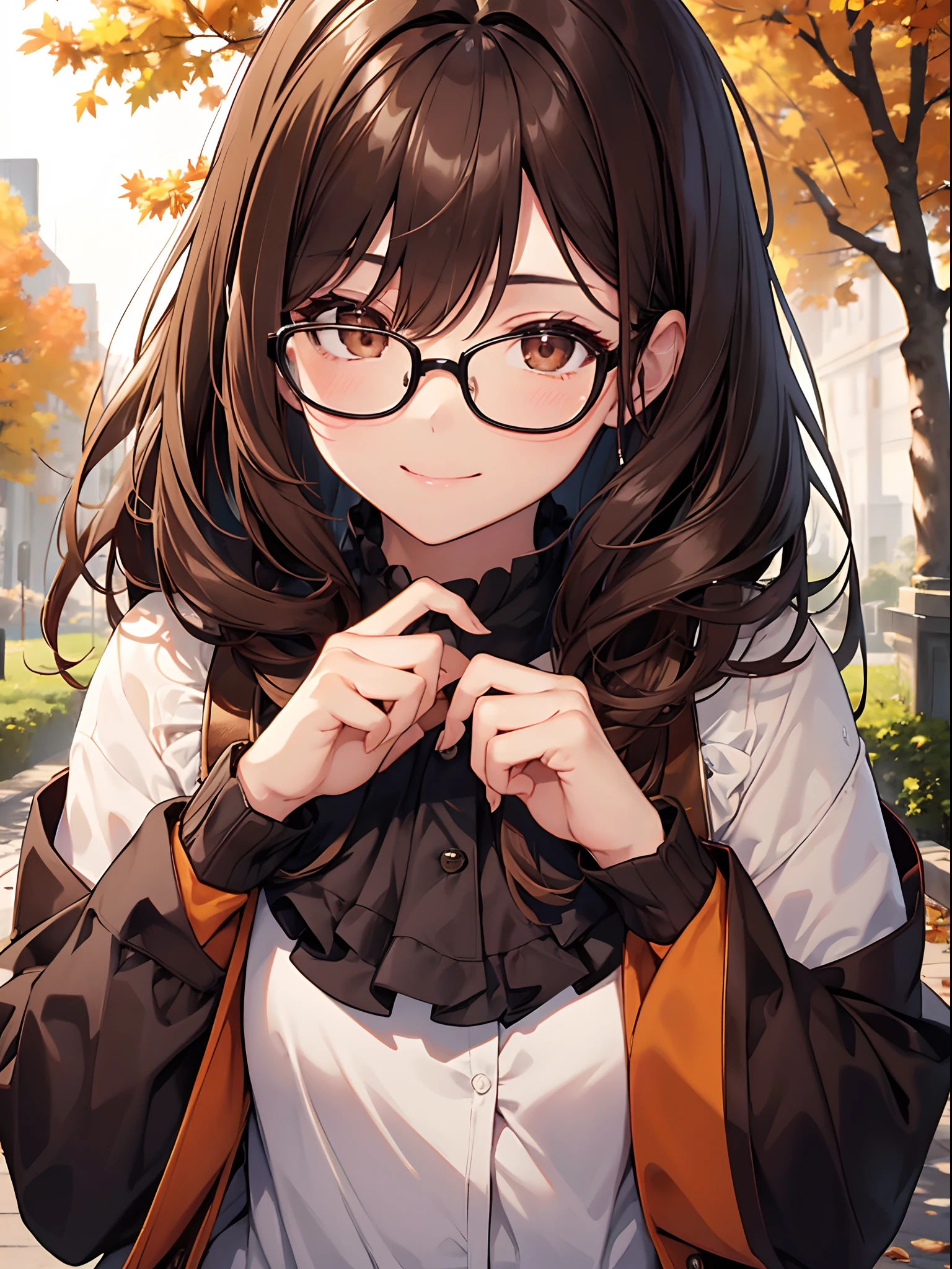 1 female、brown haired(Curta)、Brown eyes、Black-rimmed glasses、Best Quality、ultra-detailliert、8K resolution、Raw photo、masutepiece、Seductive、gorgeous faces、Perfect body、a smile、Autumn walk