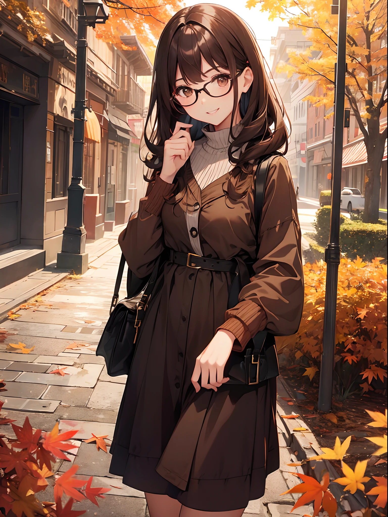 1 female、brown haired(Curta)、Brown eyes、Black-rimmed glasses、Best Quality、ultra-detailliert、8K resolution、Raw photo、masutepiece、Seductive、gorgeous faces、Perfect body、a smile、Autumn walk