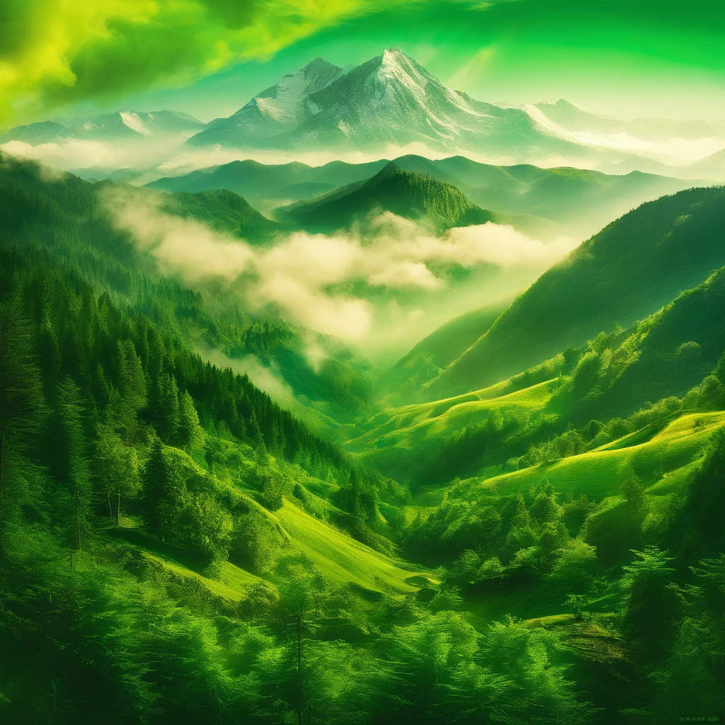 Green Mountain Green，Rolling peaks，Oyuki，Cloudy at the foot of the mountain，Thick clouds，the setting sun，The light is depicted in detail，oc rendered，high qulity，tmasterpiece，Hyper-realistic，Ultra photo realsisim，8K，super-fine，ultra - detailed，Ultra-wide angle of view，dynamic viewing angle