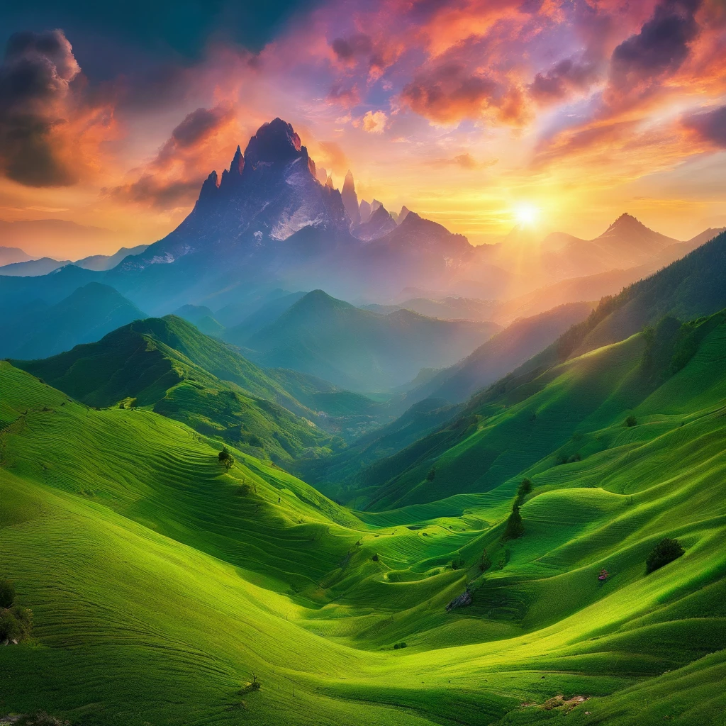 Green Mountain Green,Rolling peaks,Oyuki,Cloudy at the foot of the mountain,Thick clouds,the setting sun,The light is depicted in detail,oc rendered,high qulity,tmasterpiece,Hyper-realistic,Ultra photo realsisim,8K,super-fine,ultra - detailed,Ultra-wide angle of view,dynamic viewing angle