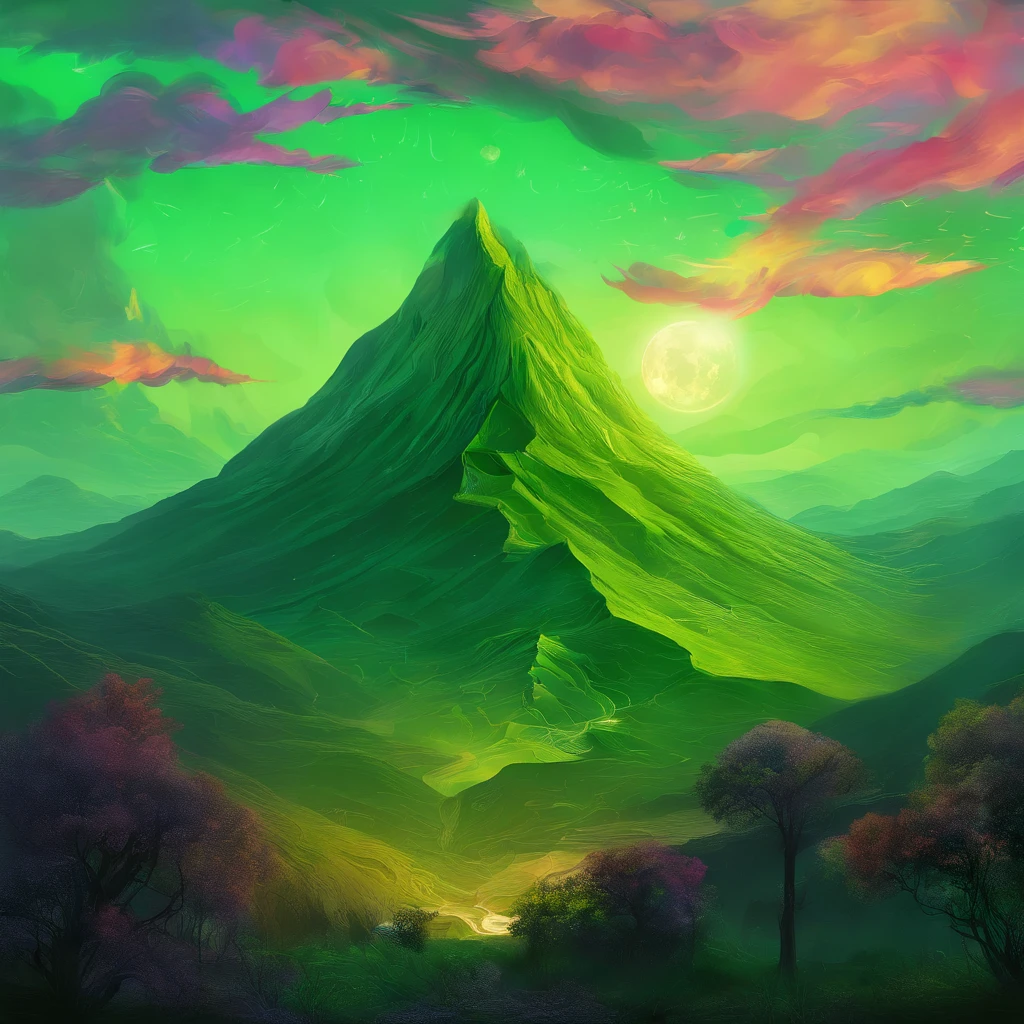 Green Mountain Green,Rolling peaks,Oyuki,Cloudy at the foot of the mountain,Thick clouds,the setting sun,The light is depicted in detail,oc rendered,high qulity,tmasterpiece,Hyper-realistic,Ultra photo realsisim,8K,super-fine,ultra - detailed,Ultra-wide angle of view,dynamic viewing angle