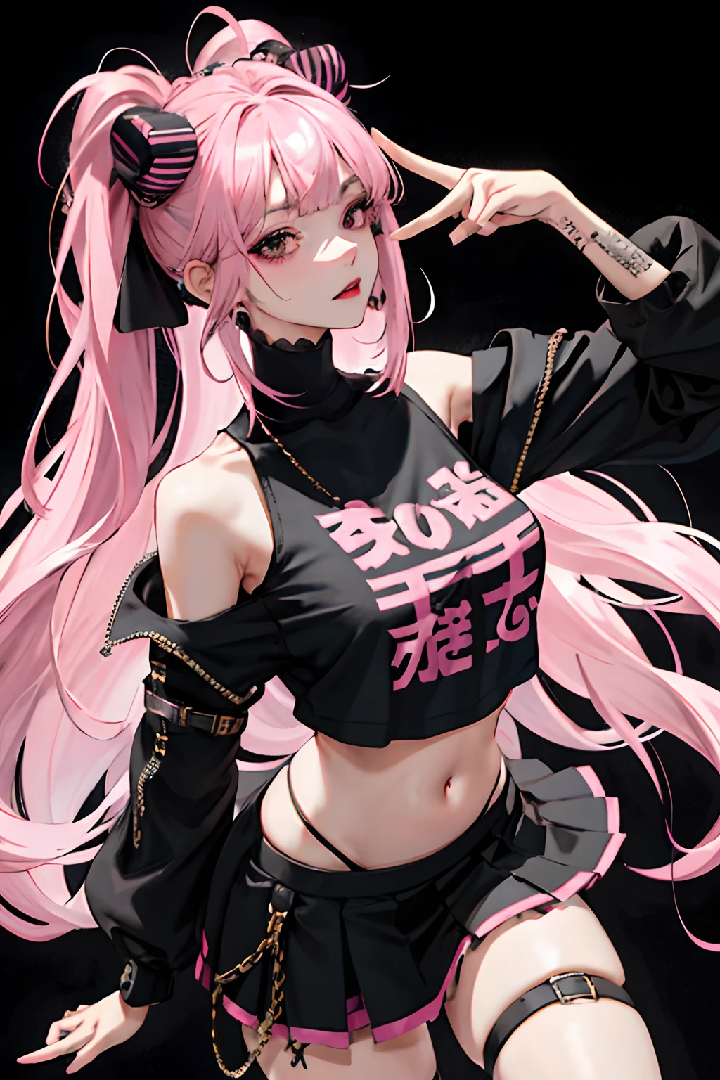(masuter piece:1.2、top-quality)、(Live action、Intricate details)、(1lady、独奏、The upper part of the body、Colossal tits) garments: Edgy、Black jumper、Pink mini skirt、Avant-garde、Experimental appearance: Long pink hair、Dramatic makeup、Unconventional fashion choices behavior: Rebel、Runaway Ladies Leader、secretary-general、Black jumper、Pink mini skirt、Anti-system、Provocative Location: urban art district、Underground Music Scene Hobbies: Bad girl、Create mixed media art、Experiment with different subcultures values: individuality、authenticity、Creative Expression Inspiration: Runaway Ladies Leader、secretary-general、Counterculture icons、Nature: boldness、Unconventional。