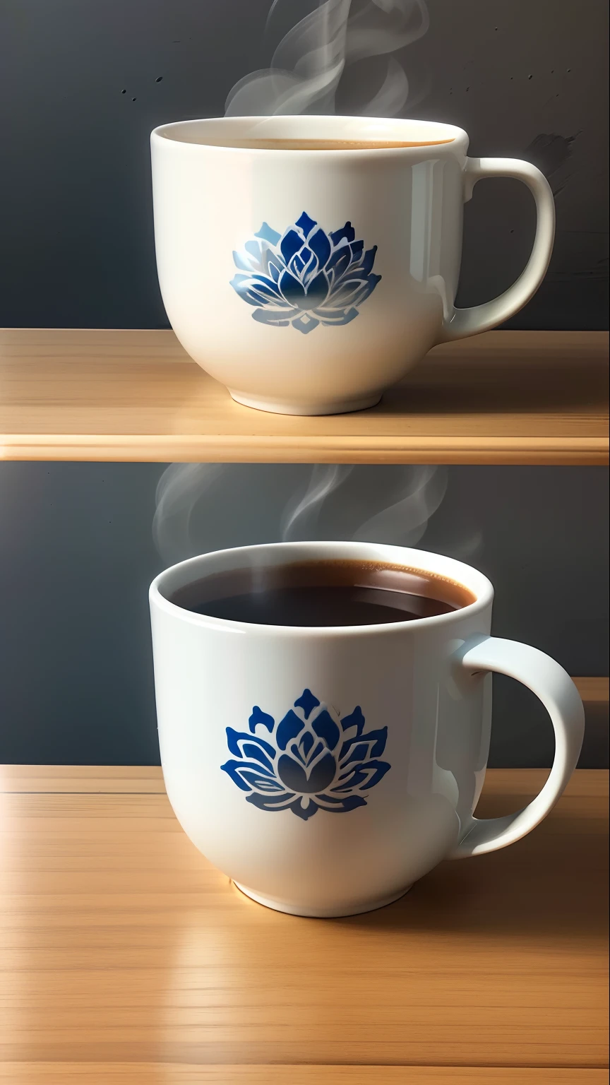 1 solid color ceramic cup product，coffee mug，There is a handle，The mouth of the cup has a circle of engraved imprints，with a pure white background，The surface of the cup is engraved with a lotus pattern，Fine rendering