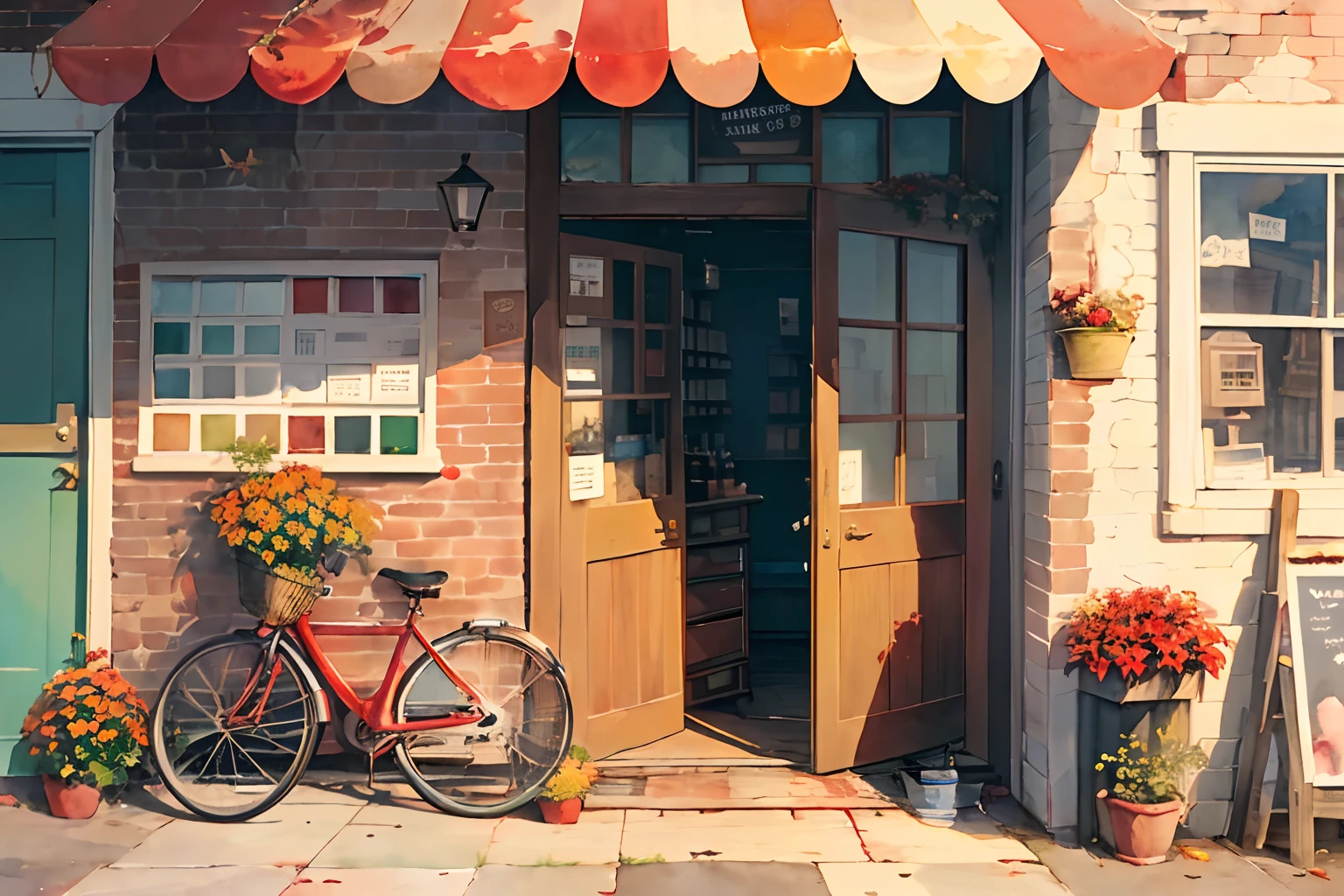 (masterpiece:1.2),(best quality:1.2),(watercolor medium:1.1),
good lighting,(outdoors:1.2),(facing the door:1.3),
convenience store,doorway,potted plant,watering,wooden fence,
bicycle,Windows,(Red brick wall:1.2),autumn,