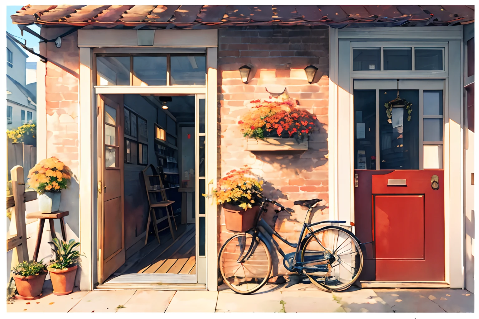 (masterpiece:1.2),(best quality:1.2),(watercolor medium:1.1),
good lighting,(outdoors:1.2),(facing the door:1.3),
convenience store,doorway,potted plant,watering,wooden fence,
bicycle,Windows,(Red brick wall:1.2),autumn,