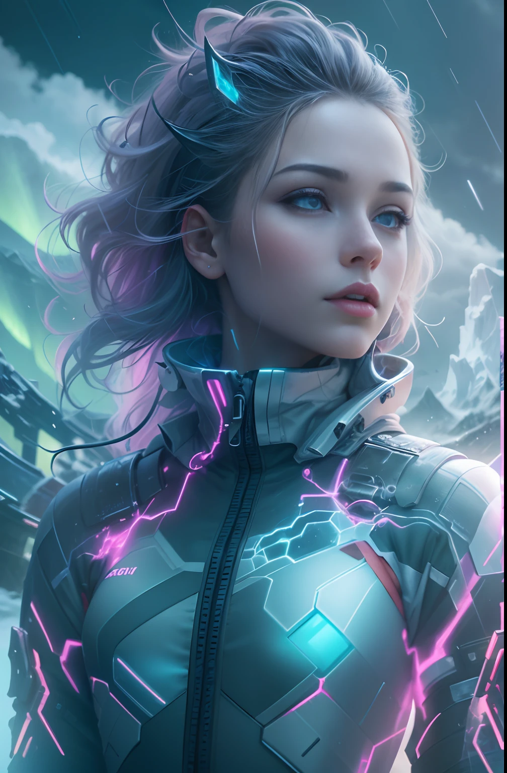 ModelShoot style, (Extremely detailed Cg Unity 8K wallpaper),cyber punk perssonage [Snowy mountain landscape with fog，snow mountains] Immerse yourself in the beautiful aurora，Live in the clouds of the starry sky，Behind the clouds，（Doubleexposure：1.3），(Transparent ethereal girl face blends with aurora，Overlay with snowy mountains)，Multiple elements blend the image，photography of：Brandon Woelfelmist，Surreal dreams，Gray atmosphere，raining day，dyna，lut，hdr，Surrealist art fantasy style，Epic digital fantasy art style，Beautiful sci-fi art, Science-fi digital art illustration,science fiction digital painting, futuristic digital painting, futuristic concept art, In front of the sci-fi snowy mountain landscape, science fiction digital art, Fantastic transparent ethereal girl portrait