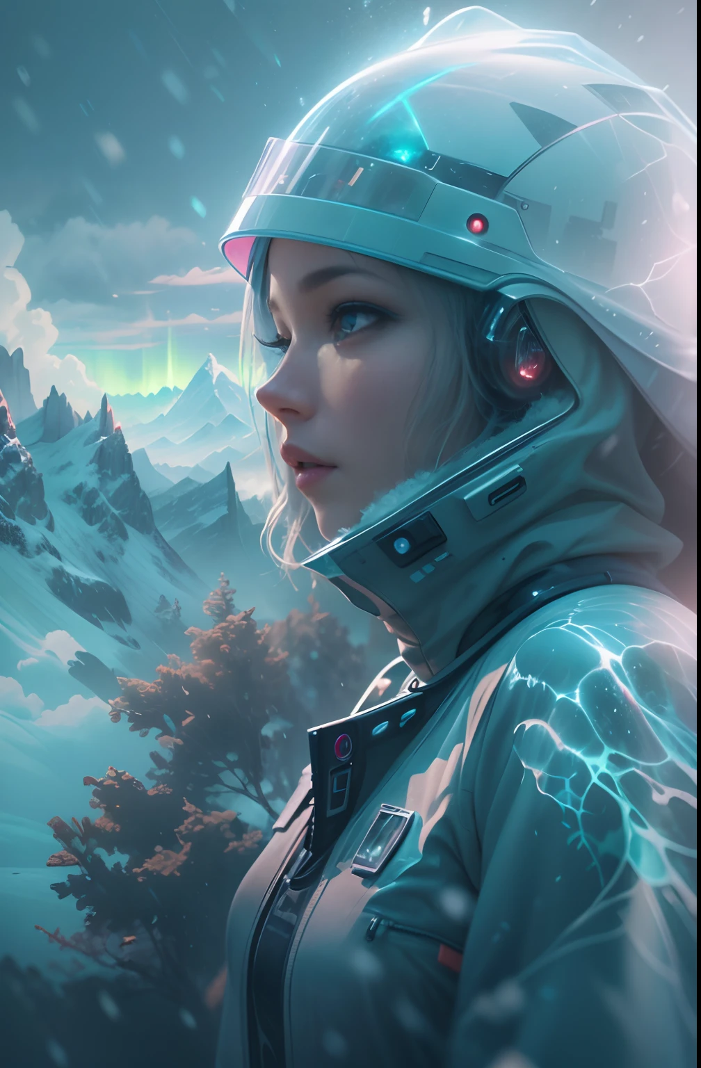 ModelShoot style, (Extremely detailed Cg Unity 8K wallpaper),cyber punk perssonage [Snowy mountain landscape with fog，snow mountains] Immerse yourself in the beautiful aurora，Live in the clouds of the starry sky，Behind the clouds，（Doubleexposure：1.3），(Transparent ethereal girl face blends with aurora，Overlay with snowy mountains)，Multiple elements blend the image，photography of：Brandon Woelfelmist，Surreal dreams，Gray atmosphere，raining day，dyna，lut，hdr，Surrealist art fantasy style，Epic digital fantasy art style，Beautiful sci-fi art, Science-fi digital art illustration,science fiction digital painting, futuristic digital painting, futuristic concept art, In front of the sci-fi snowy mountain landscape, science fiction digital art, Fantastic transparent ethereal girl portrait