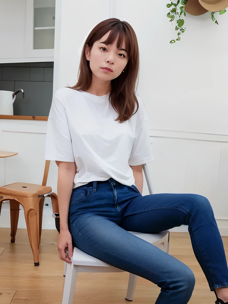 Alafed woman sitting on chair in white shirt and blue jeans, Sitting on a chair, Sitting on Stool, sit a chair, tied with chair, seated on wooden chair, Sitting on a table, sit a chair, Sitting in a chair, sit a chair, Casual pose, Sitting on the table, Engaging pose, sitting in an armchair