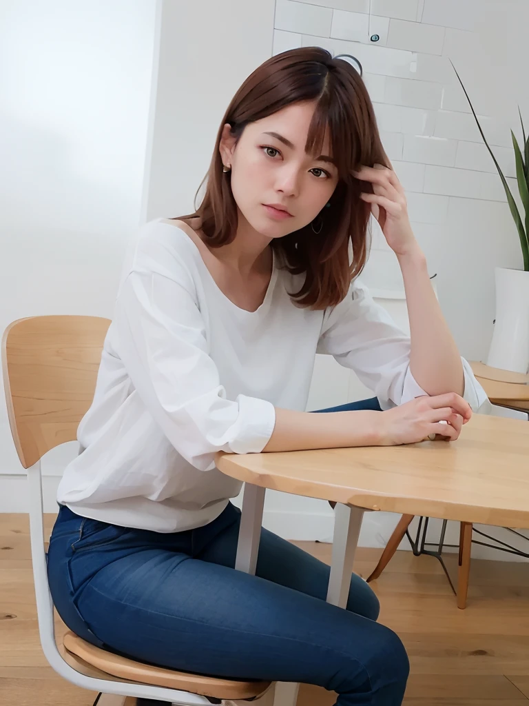 Alafed woman sitting on chair in white shirt and blue jeans, Sitting on a chair, Sitting on Stool, sit a chair, tied with chair, seated on wooden chair, Sitting on a table, sit a chair, Sitting in a chair, sit a chair, Casual pose, Sitting on the table, Engaging pose, sitting in an armchair