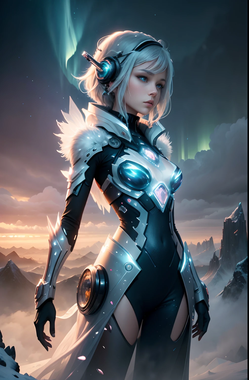 ModelShoot style, (Extremely detailed Cg Unity 8K wallpaper),cyber punk perssonage [Snowy mountain landscape with fog，snow mountains] Immerse yourself in the beautiful aurora，Live in the clouds of the starry sky，Behind the clouds，（Doubleexposure：1.3），Transparent ethereal girl face blends with aurora，Overlay with snowy mountains，Multiple elements blend the image，photography of：Brandon Woelfelmist，Surreal dreams，Gray atmosphere，raining day，dyna，lut，hdr，Surrealist art fantasy style，Epic digital fantasy art style，Beautiful sci-fi art, Science-fi digital art illustration,science fiction digital painting, futuristic digital painting, futuristic concept art, In front of the sci-fi snowy mountain landscape, science fiction digital art, Fantastic transparent ethereal girl
