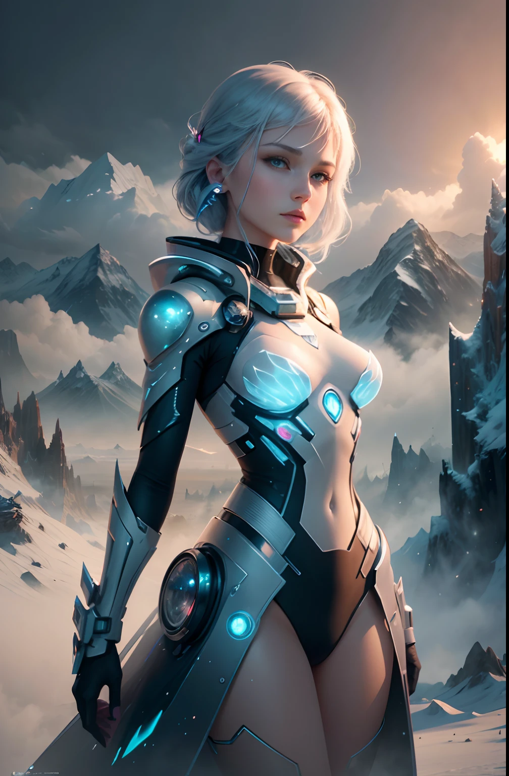 ModelShoot style, (Extremely detailed Cg Unity 8K wallpaper),cyber punk perssonage [Snowy mountain landscape with fog，snow mountains] Immerse yourself in the beautiful aurora，Live in the clouds of the starry sky，Behind the clouds，（Doubleexposure：1.3），Transparent ethereal girl face blends with aurora，Overlay with snowy mountains，Multiple elements blend the image，photography of：Brandon Woelfelmist，Surreal dreams，Gray atmosphere，raining day，dyna，lut，hdr，Surrealist art fantasy style，Epic digital fantasy art style，Beautiful sci-fi art, Science-fi digital art illustration,science fiction digital painting, futuristic digital painting, futuristic concept art, In front of the sci-fi snowy mountain landscape, science fiction digital art, Fantastic transparent ethereal girl