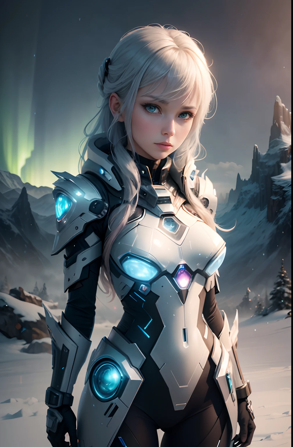 snow soldier, snow camouflage, sharp focus, close portrait of face, short hair, Model shooting style, (Extremely detailed CG Unity 8K wallpaper),cyberpunk characters [Foggy Snow Mountain Landscape，Snow Mountain] Immerse yourself in the beautiful aurora，Living in the clouds of the starry sky，Behind the clouds，（Double contact：1.3），
(The transparent and ethereal face of the girl blends into the aurora，Snow Mountain superimposes multiple elements and integrates the picture，
photography：Brandon Woelfelmist，surreal dreamscape，Gray vibe，Rainy Day，That&#39;s it，Right of use，HDR，Surrealist art fantasy style，Epic digital fantasy art style，Beautiful sci-fi art, Sci-fi digital art illustration,Sci-fi digital painting, futuristic digital painting, futuristic concept art, Sci-fi Snow Mountain landscape front, Sci-fi digital art, Dreamy transparent ethereal girl portrait
dramatic sky, dramatic lighting, dynamic pose. seductive expression.