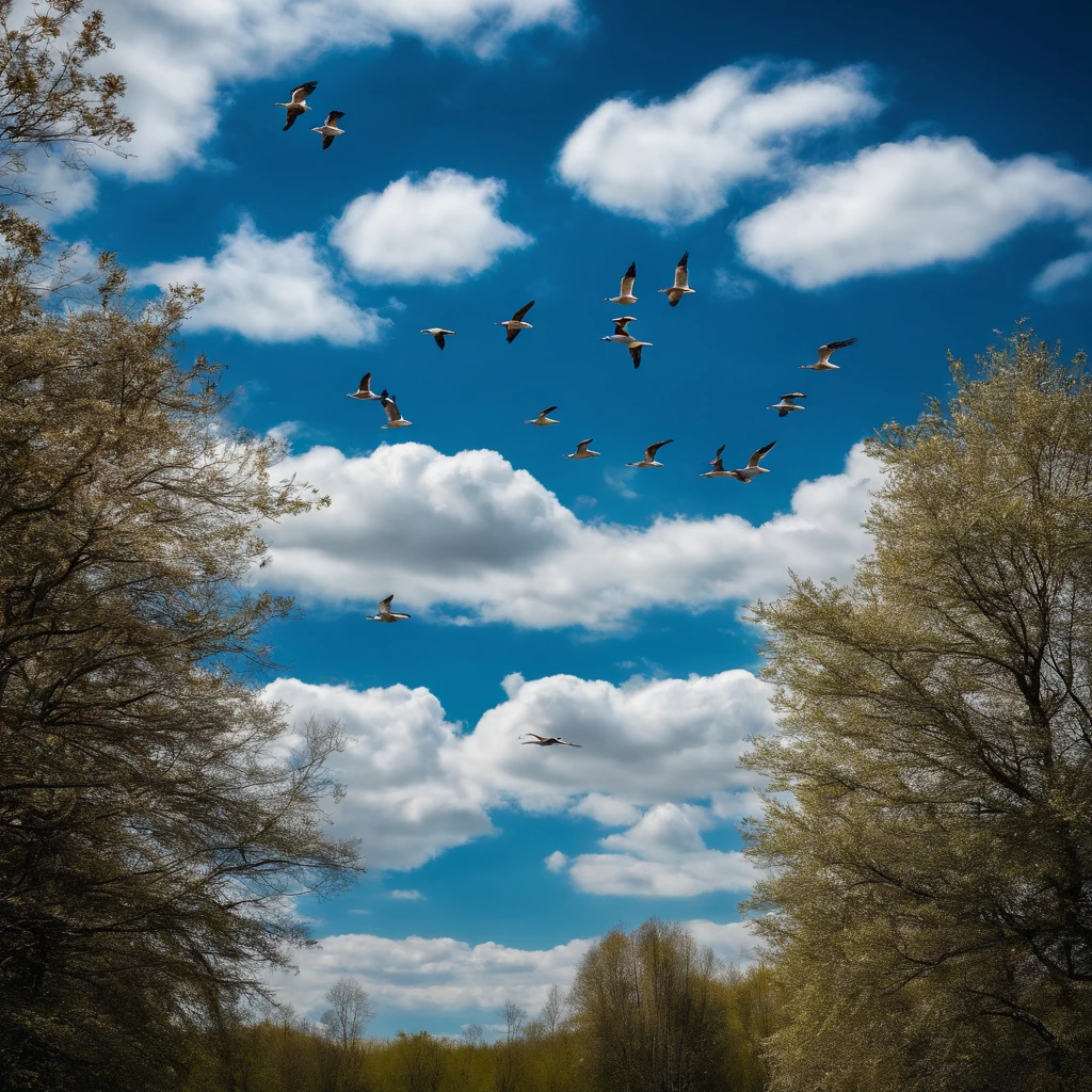 Wild geese under blue sky and white clouds