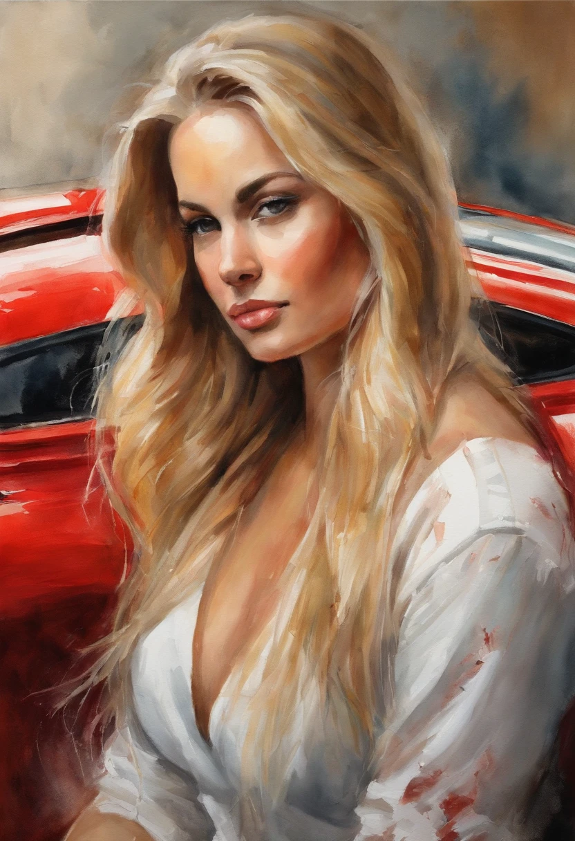 (obra-prima, mejor calidad),1chica joven sensual rubia con cabello claro sentada en un Ferrari rojo, la mano debajo de la barbilla, warm lighting, vestido corto, primer plano borroso