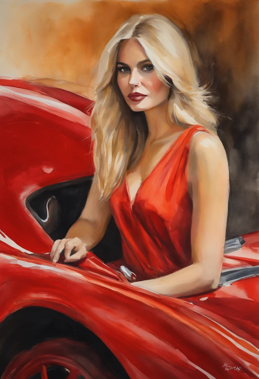 (obra-prima, mejor calidad),1chica joven sensual rubia con cabello claro sentada en un Ferrari rojo, la mano debajo de la barbilla, warm lighting, vestido corto, primer plano borroso