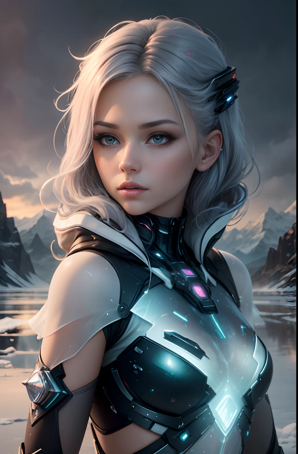 ModelShoot style, (Extremely detailed Cg Unity 8K wallpaper),cyber punk perssonage [Snowy mountain landscape with fog：Transparent ethereal girl，snow mountains：0.33] Immerse yourself in the beautiful aurora，Live in the clouds of the starry sky，Behind the clouds，（Doubleexposure：1.3），The face blends with the aurora，Overlay with snowy mountains，Multiple elements blend the image，photography of：Brandon Woelfelmist，Surreal dreams，Gray atmosphere，raining day，dyna，lut，hdr，Surrealist art fantasy style，Epic digital fantasy art style，Beautiful sci-fi art, Science-fi digital art illustration,science fiction digital painting, futuristic digital painting, futuristic concept art, In front of the sci-fi snowy mountain landscape, science fiction digital art, Fantastic transparent ethereal girl